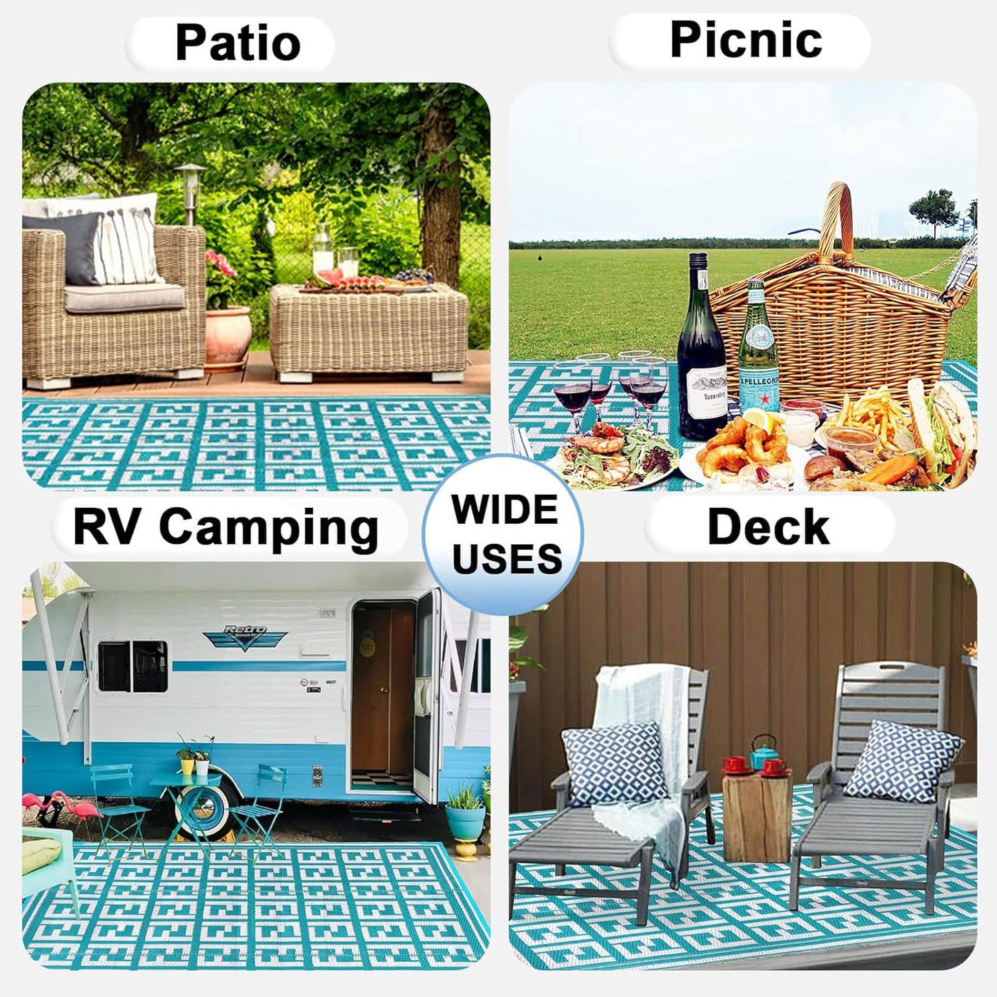 OutdoorLines Outdoor Plastic Area Rugs for Patio 5x8 ft - Reversible Outside Carpet, Stain & UV Resistant RV Mats, Straw Rug for Camping, Deck Garden, Porch and Balcony, Geometry Teal & Light Grey