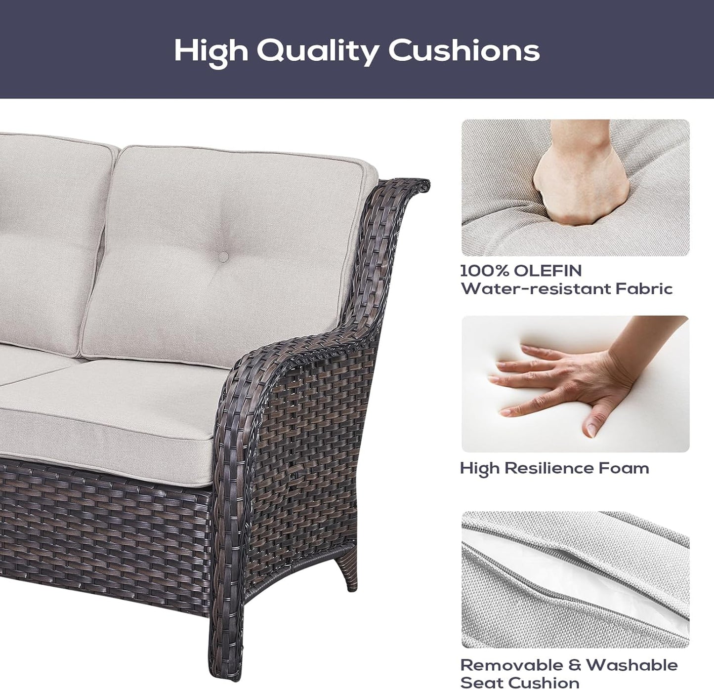 Outdoor Patio Furniture Set with Propane Fire Pit Table, 7 Pieces Wicker Patio Conversation Set with 2 Swivel Glider Rocker Chair Rattan Sofa Beige Cushion Perfect for Casual Gathering