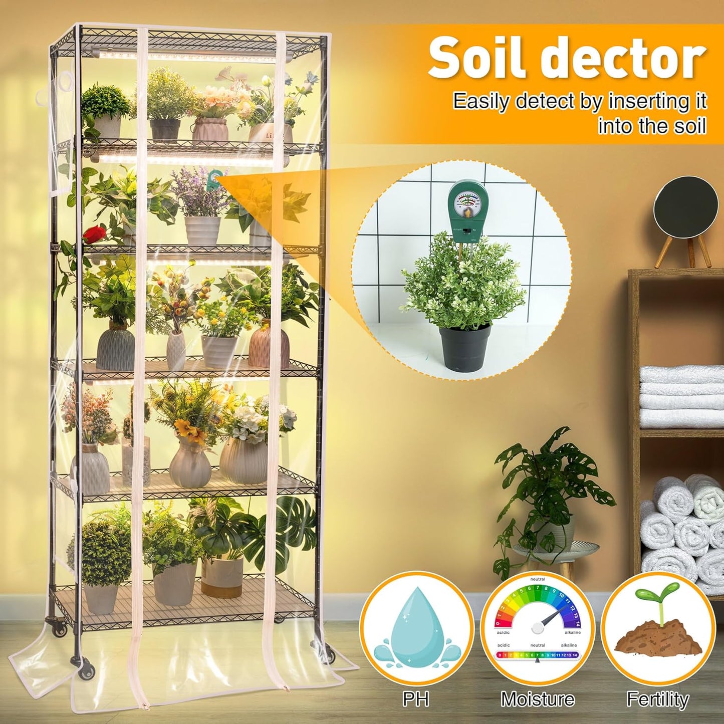 Meonum Plant Shelf with Grow Lights, 6 Tier DIY Metal Grow Rack with 90W LED Growing Lamps for Seed Starting, Indoor Greenhouse with Cover, Mechanical Timer, Thermometer, pH Meter, PP Waterproof Pads