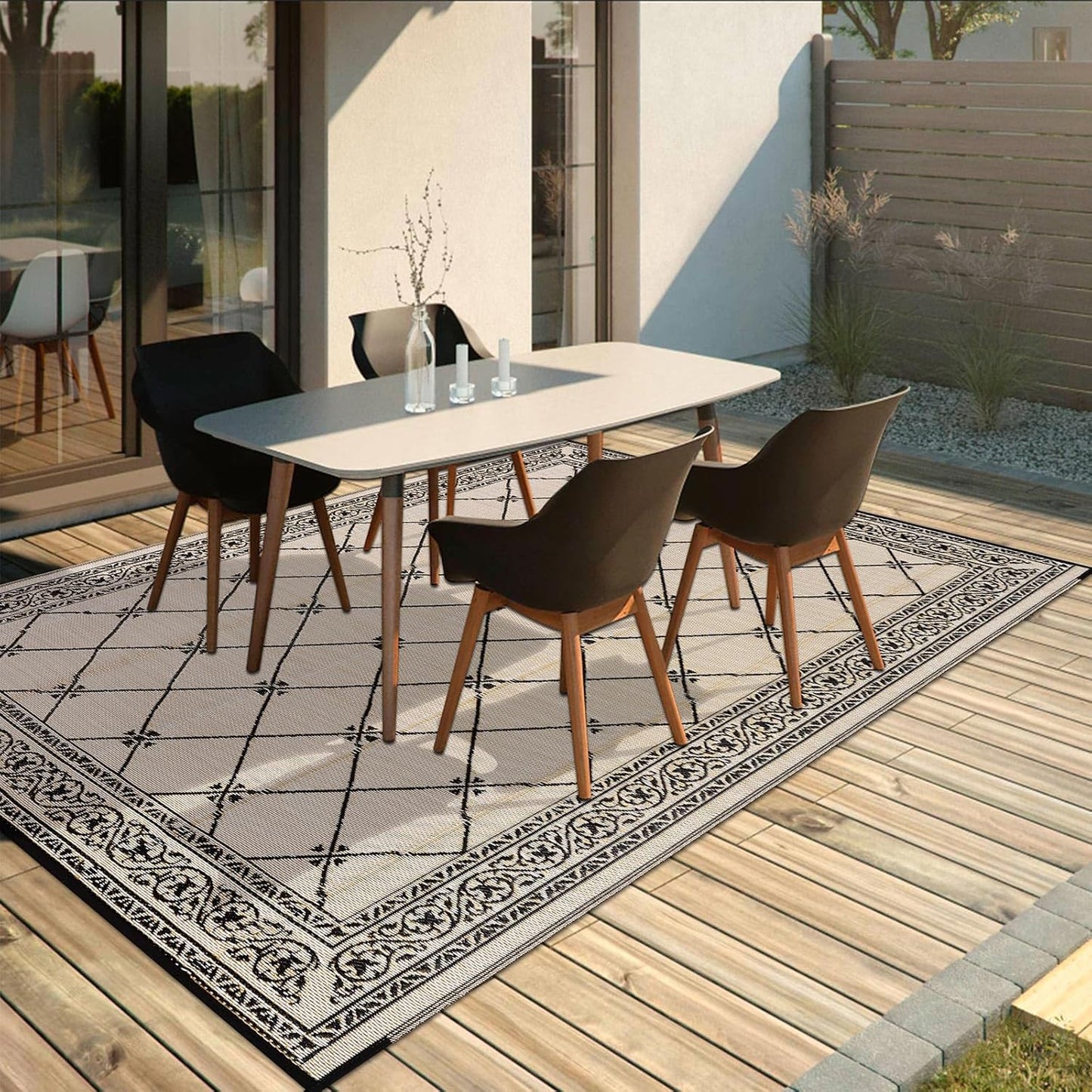 Outdoor Rug 8'x10' for Patios Waterproof Patio Rugs Outdoor Mats for Front Porch,Beach Mat,Reversible Plastic Straw Camping Rugs for Outside RV,Deck,Balcony,Backyard,Black&Beige