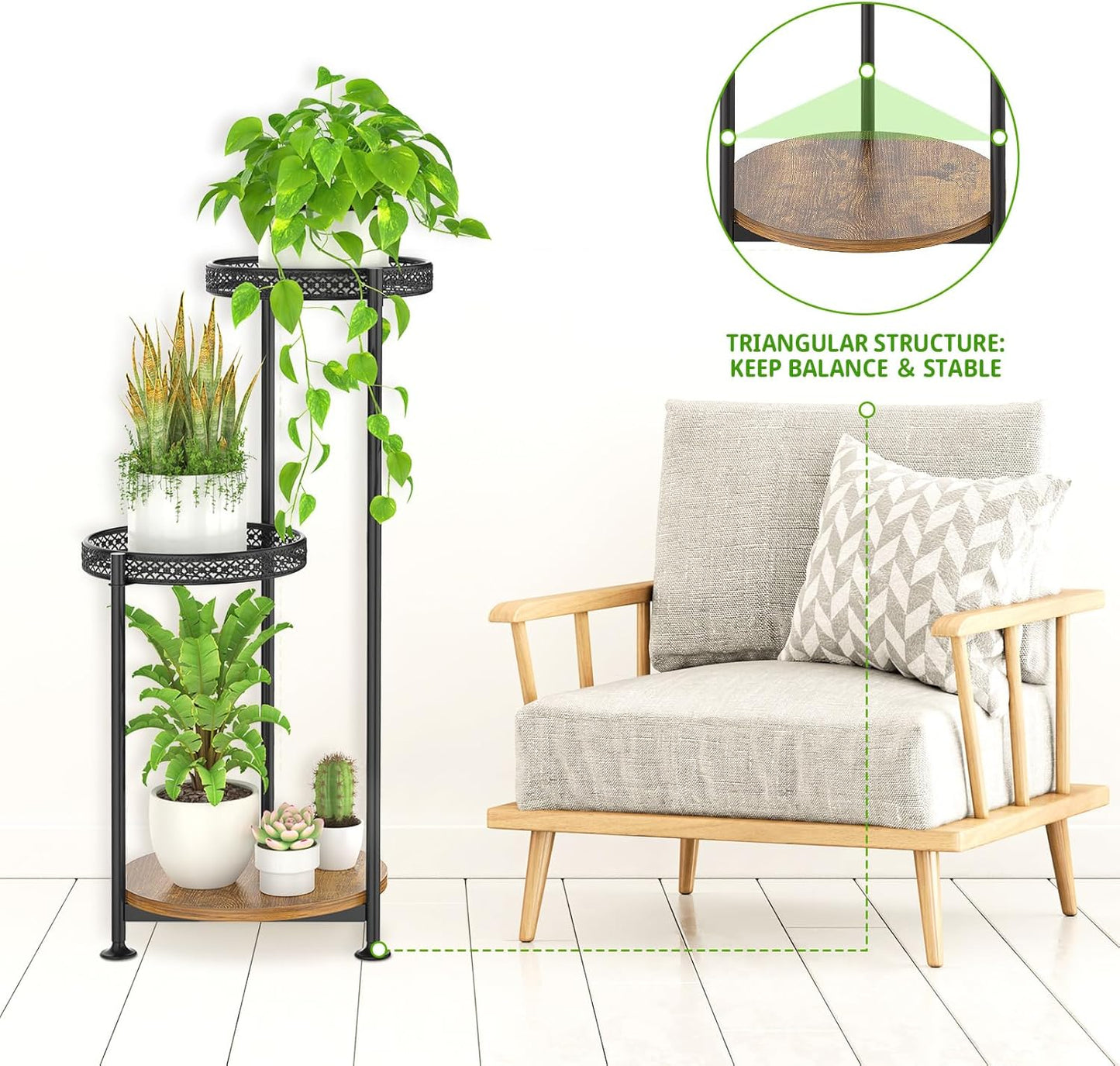 3 Tier Large Plant Stand Indoor Outdoor Clearance, Metal Flower Shelf Pot Holder, 10in Wide Multiple Plants Tall Corner Display Rack for Patio Orchid Office Porch Living Room Garden, Black