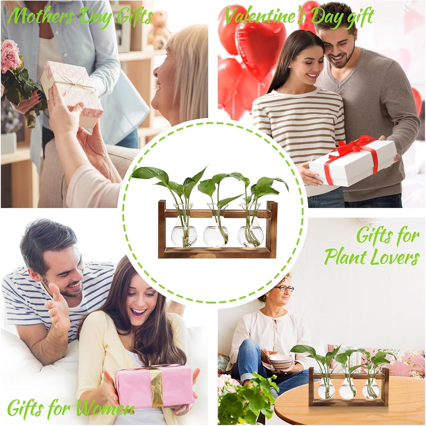 Plant Propagation Station Plant Terrarium Unique Birthday Gifts for Women Plant Lovers Home Office Decor Planter with Wooden Stand - 3 Bulb Glass Vase