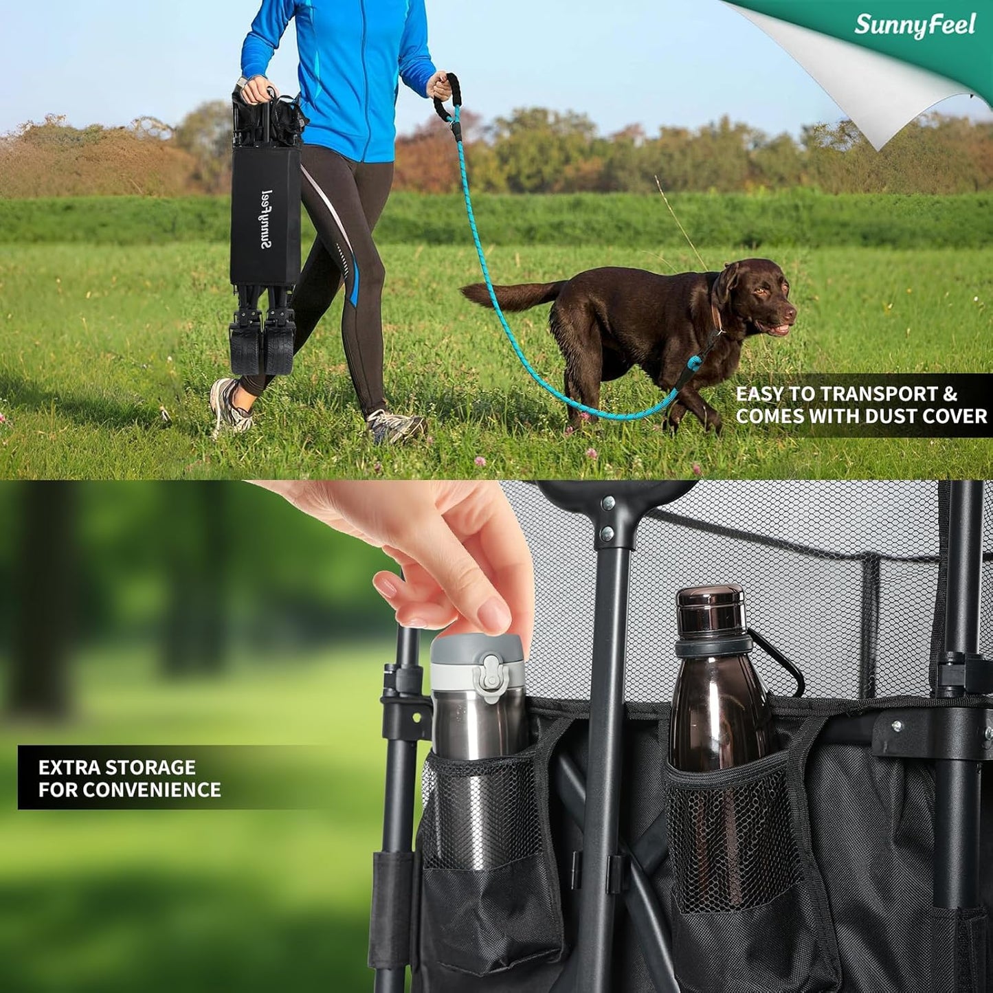 SUNNYFEEL 550L Large Capacity Folding Sports Wagon, 550LBS Heavy Duty Collapsible Cart,Extra High Extender Wagon Cart with Tailgate, All-Terrain Big Wheels for Camping Fishing & Outdoor Use,Black