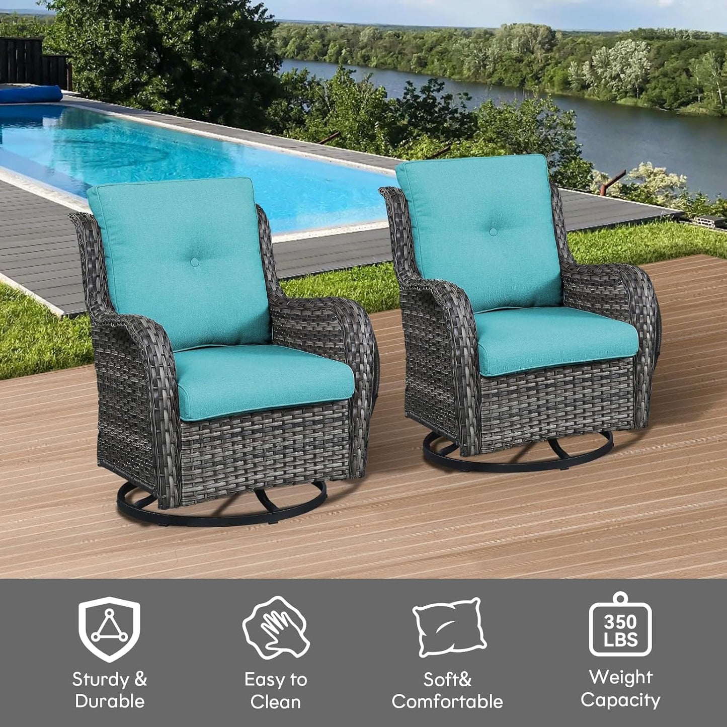 Outdoor Swivel Rcoker Wicker Chairs - Swivel Patio Chairs Set of 2 Patio Furniture Sets with Covered Cushion for Porch Deck Balcony Backyard, Turquoise Cushion
