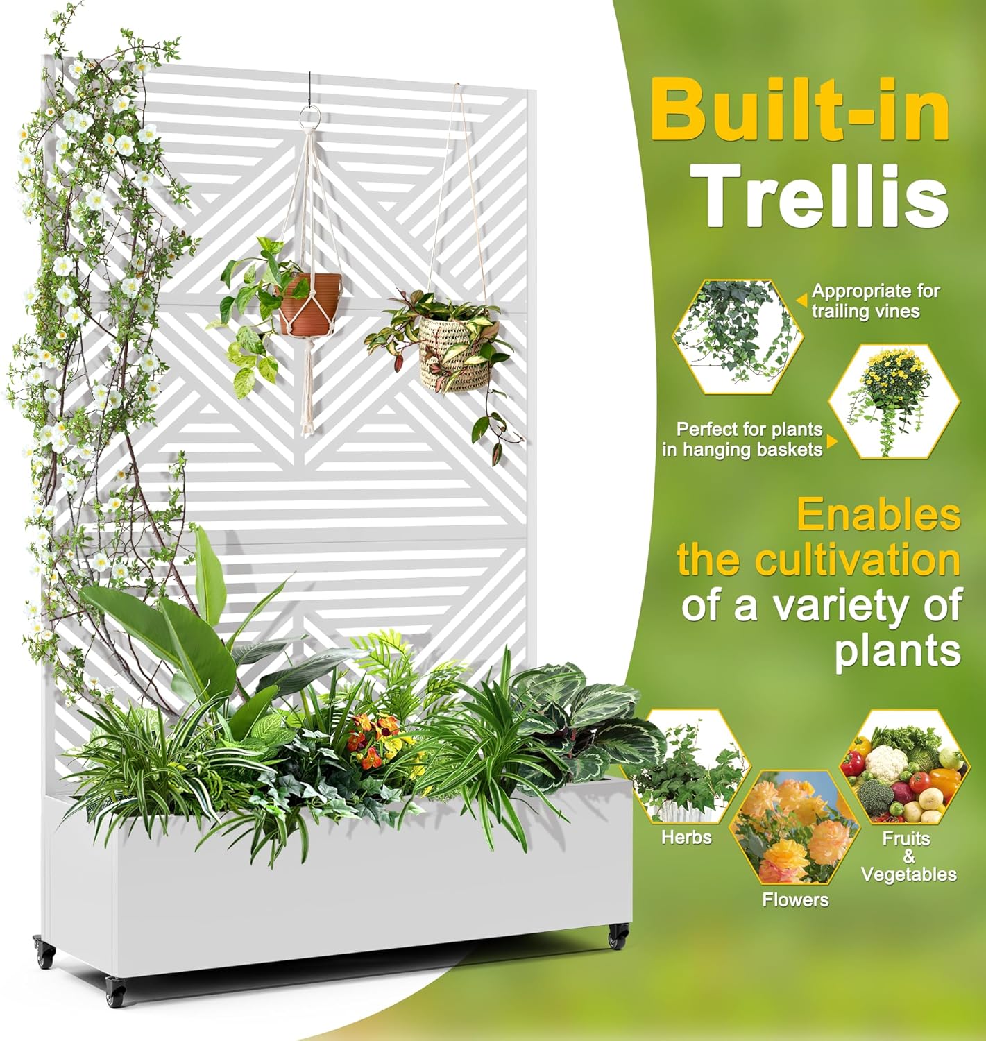 FENCY Metal Raised Garden Bed with Wheels and Trellis,73"x47"x16" Planter Box for Climbing Plants, Vegetables & Vines, Features Privacy Screen and Drainage Holes (White-Modern)