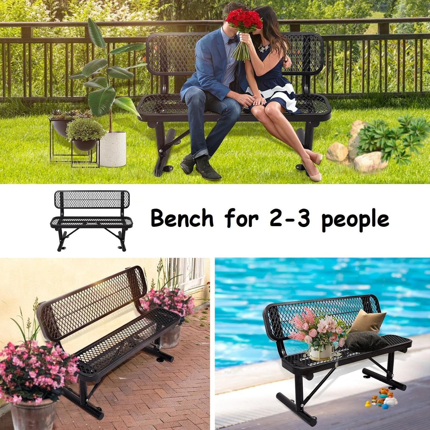 4FT Outdoor Steel Bench with Backrest - Heavy Duty Metal Park Bench, Coated Outdoor Furniture Patio Bench with Back, Commercial Benches for Garden, Porch, Shopping Malls, Stores,Decks and Park