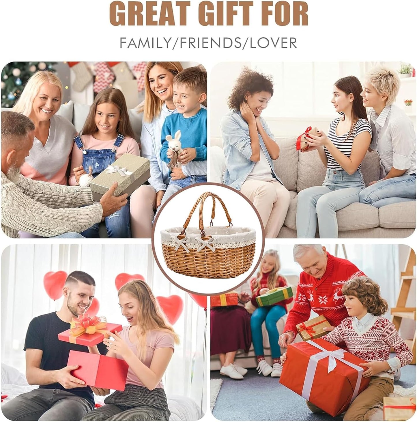 G GOOD GAIN Wicker Picnic Basket with Double Folding Handles,Willow Picnic Hamper,Natural Hand Woven Easter Basket,Easter Eggs and Candy Basket,Bath Toy and Kids Toy Storage,Gift Packing Basket.White