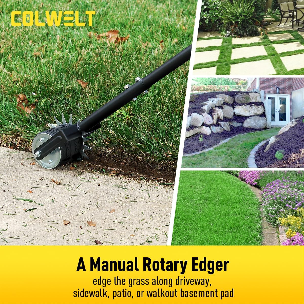 Colwelt Wheel Rotary Edger Lawn Tool 59’’, Manual Grass Edger Tool with Wheel with Extra-Wide Rubber Wheel, Garden Edger with Reinforced Bracket, Rotary Edging Tool for Landscaping Sidewalks Driveways