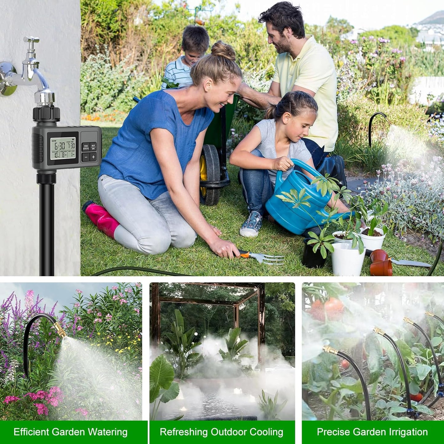 60FT Drip Irrigation System with Water Timer – Automatic Garden Watering Kit with 360° Bendable Hose & Adjustable Nozzles, Smart Irrigation System for Greenhouse, Lawn, Yard & Plants