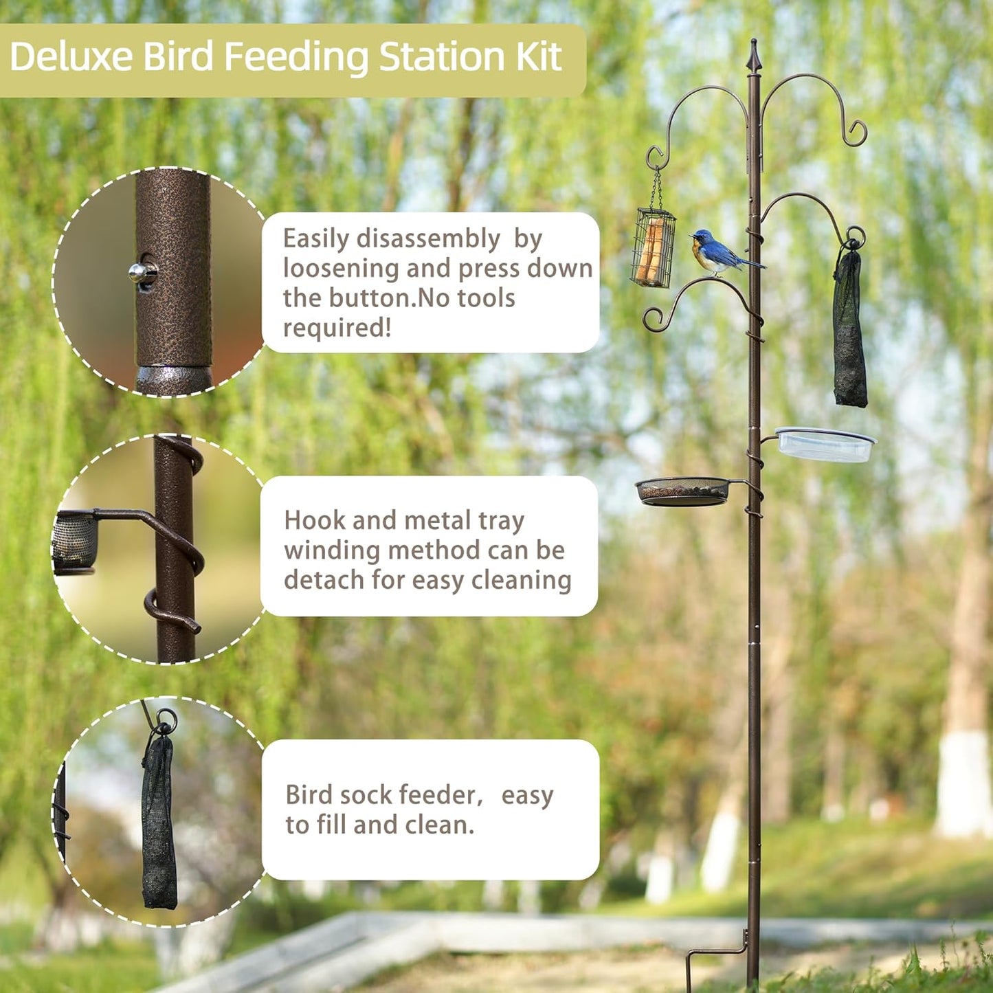 ERYTLLY Bird Feeding Station Kit Bird Feeder Poles,Premium Multi Feeder Hanging Kit with Suet Cage and Bird Bath Bird Food Finch Sock for Attracting Wild Birds and Plants,Baskets,Lanterns,Wind Chimes