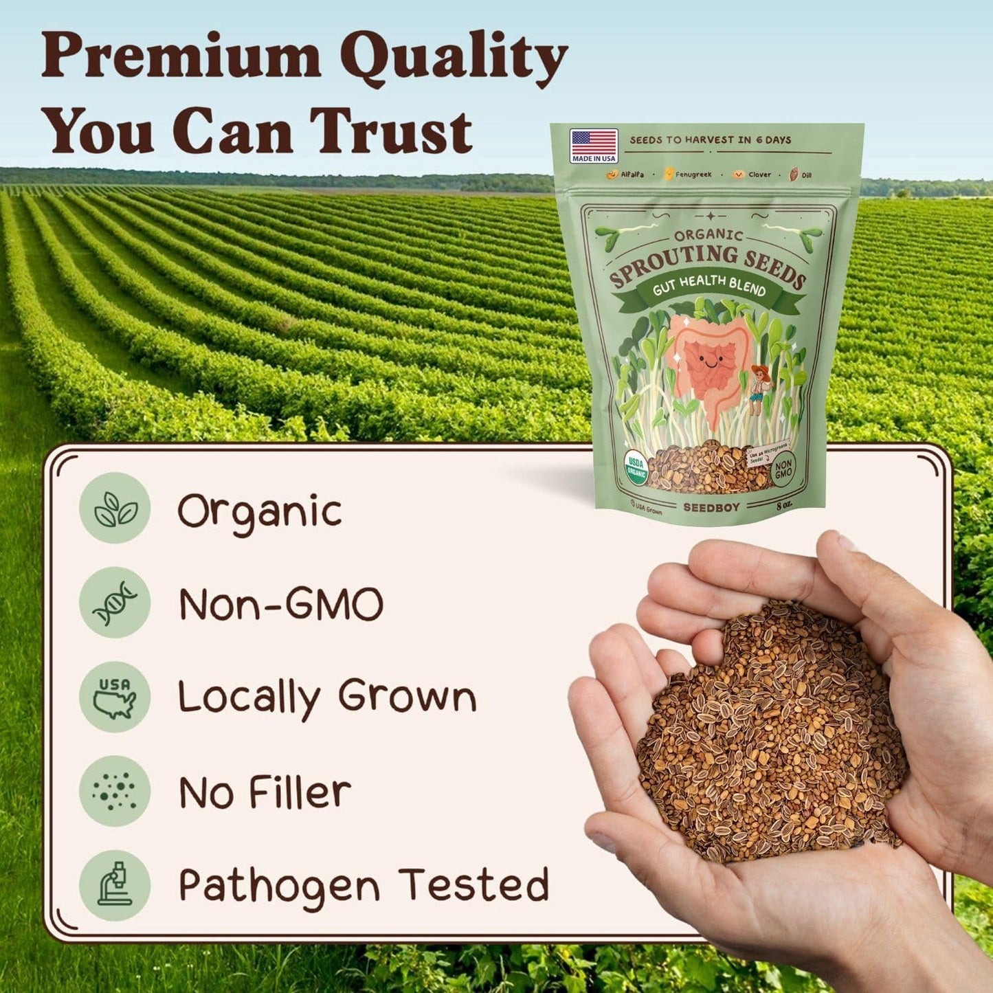 Seedboy Organic Sprouting Seeds - Gut Health Blend - Non-GMO, USA Grown Microgreens Mix - Clover, Alfalfa, Fenugreek, Dill - Makes 8 Quarts of Sprouts, 24 Servings (8 oz) (Gut Health Blend)