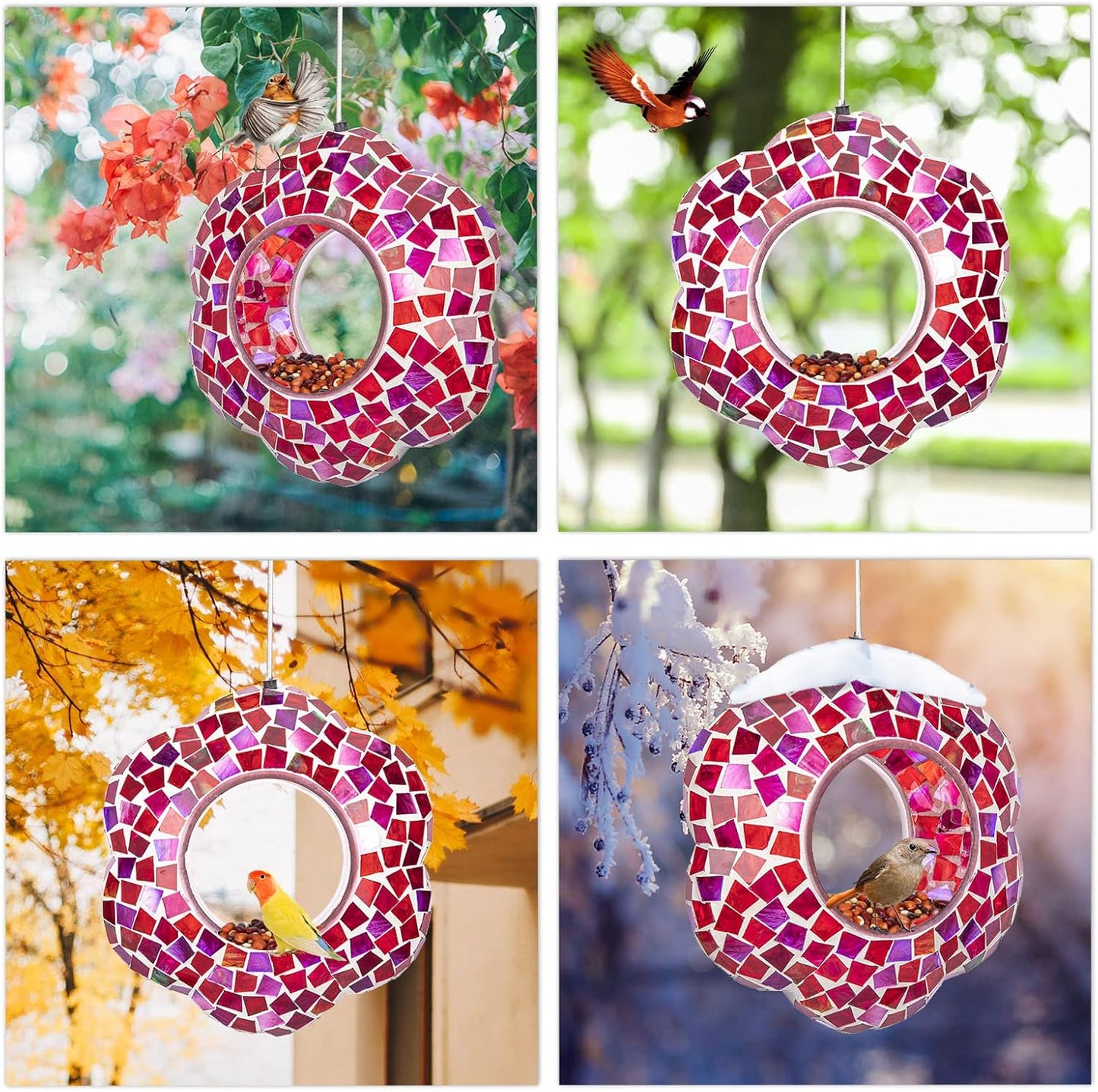 Yinns 9 inch Large Mosaic Bird Feeder, Fly Through Glass Bird Feeder, Hanging Bird Feeder with Oval Stained Glass for Outdoor Garden Decor