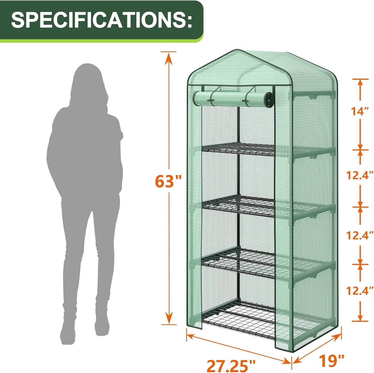 4 Tier Mini Greenhouse Indoor Outdoor with PE Cover and Roll-Up Zipper Door, Portable Waterproof Cloth Greenhouse Tent Grow Seeds & Seedlings, 2.3x1.5x5.3 FT