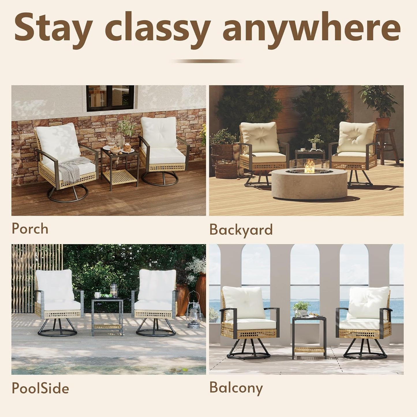 3 Piece outdoor swivel chair set of 2, outdoor swivel patio chairs with Wood-Grain Tabletop Coffee Table and 6" Thick backrest, front porch furniture for Patio, Backyard, Deck, Poolside(Beige)