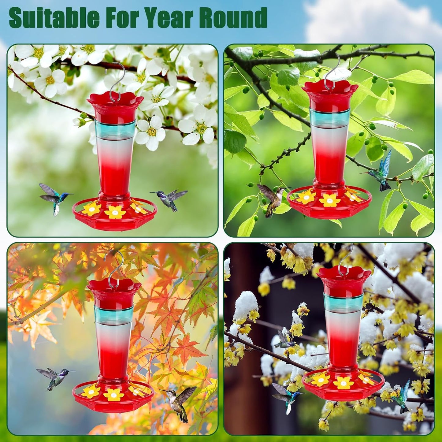 Glass Hummingbird Feeders for Outdoors Hanging Ant and Bee Proof Red & Blue 10OZ 2Pack Bird Feeders for Outside Hanging 6 Feeding Stations Bird Nectar Feeder for Garden Yard Dรฉcor Gift for Mom