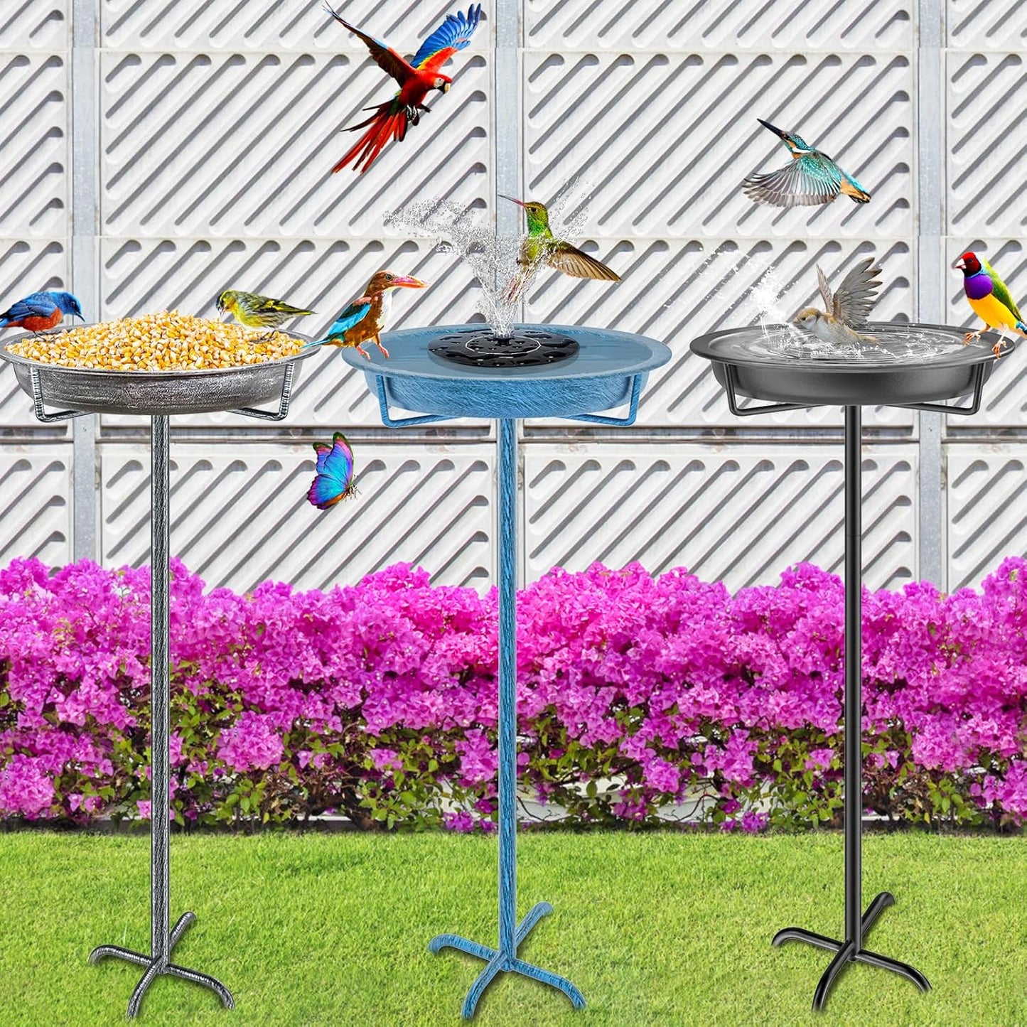 Metal Bird Bath for Outdoors Garden Birdbath Bowl, 36.2" Height Freestanding Bird Feeders for Outside with 4 Prongs Base Stake, Standing Birdfeeders for Yard Lawn Decor (Retro Silver)