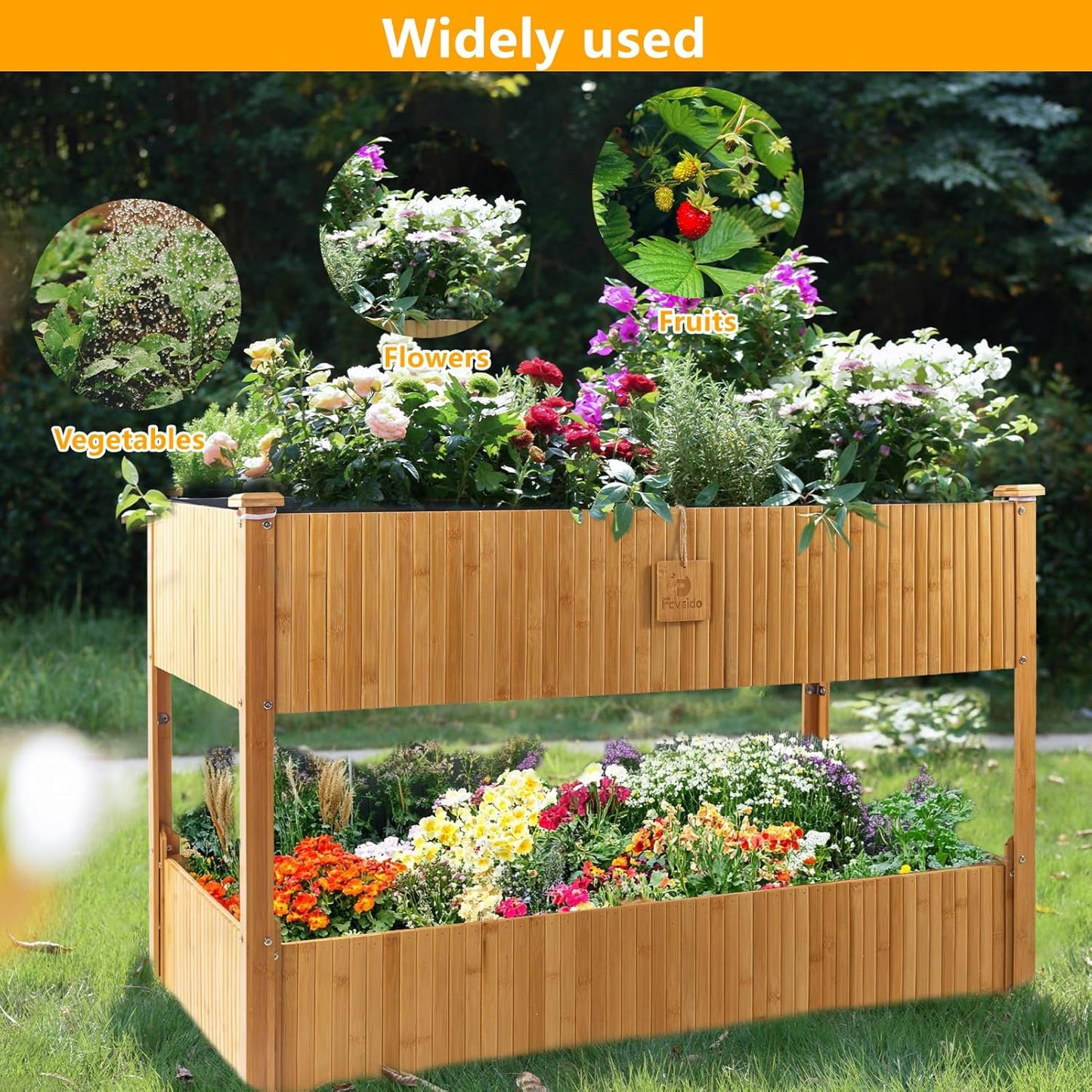 Raised Garden Bed - 2-Tier Elevated Planter Box for Herbs, Vegetables, Succulents & Flowers | 48x25x30 Inch Standing Growing Bed | Outdoor/Indoor Bamboo Planter