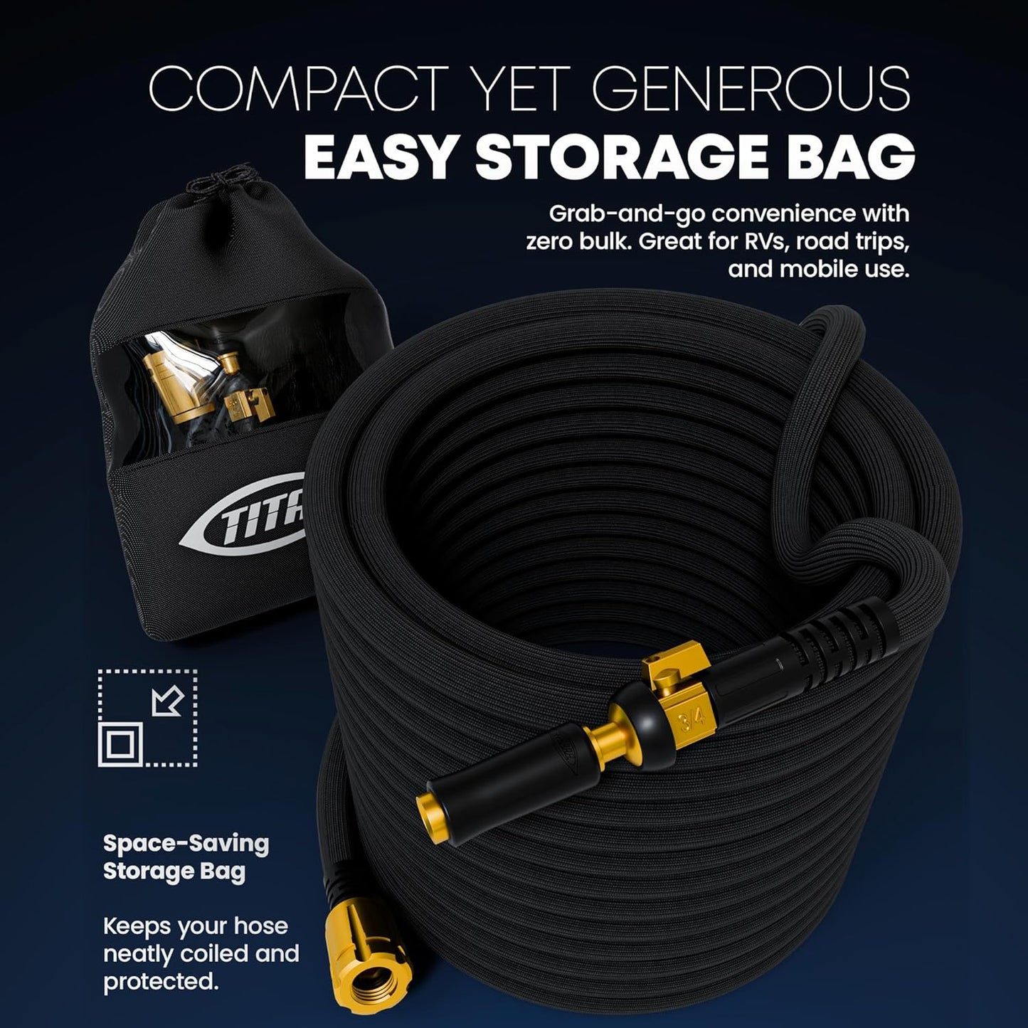 TITAN Flexible Garden Hose 50FT – Ultra Lightweight, Heavy Duty Water Hose with Brass Fittings & Jet Nozzle – Kink-Free, Non-Expanding, Durable Fabric Hose for Yard, Lawn, Car Wash, Outdoor Use