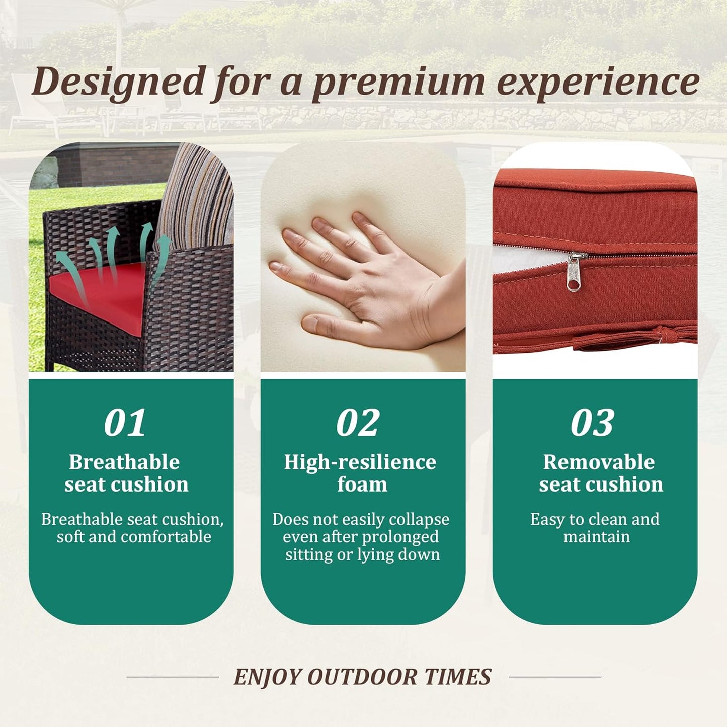 4 Piece Patio Furniture Set - Outdoor Conversation Sets with Coffee Table, Rattan Chair Set for Garden/Poolside, Brown/Red