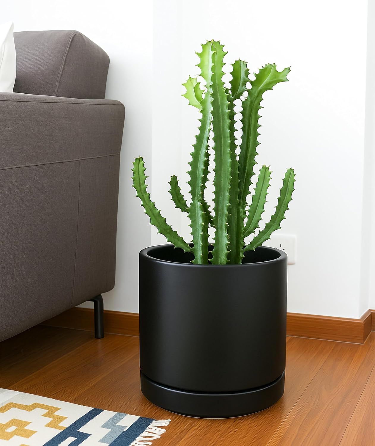 D'vine Dev Set of 2 Plants Pots, 10 Inch Ceramic Planter Pot for Plants with Drainage Hole and Saucer, Black, 94-V-E-2