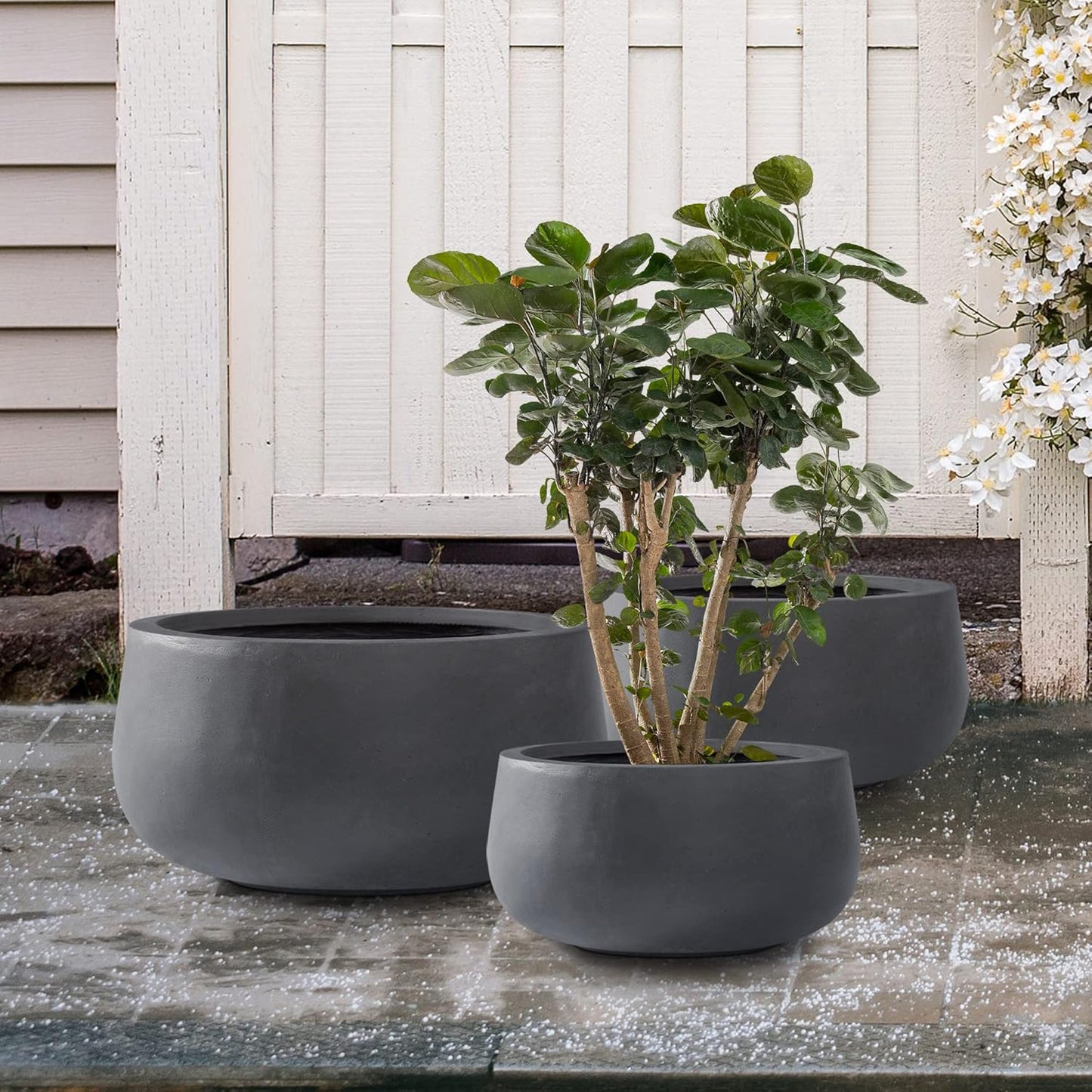 Kante 19.6",15.7",11.8" Dia Round Concrete Planters Set of 3, Outdoor Indoor Garden Plant Pots with Drainage Hole and Rubber Plug, Modern Curvaceous Design, Charcoal