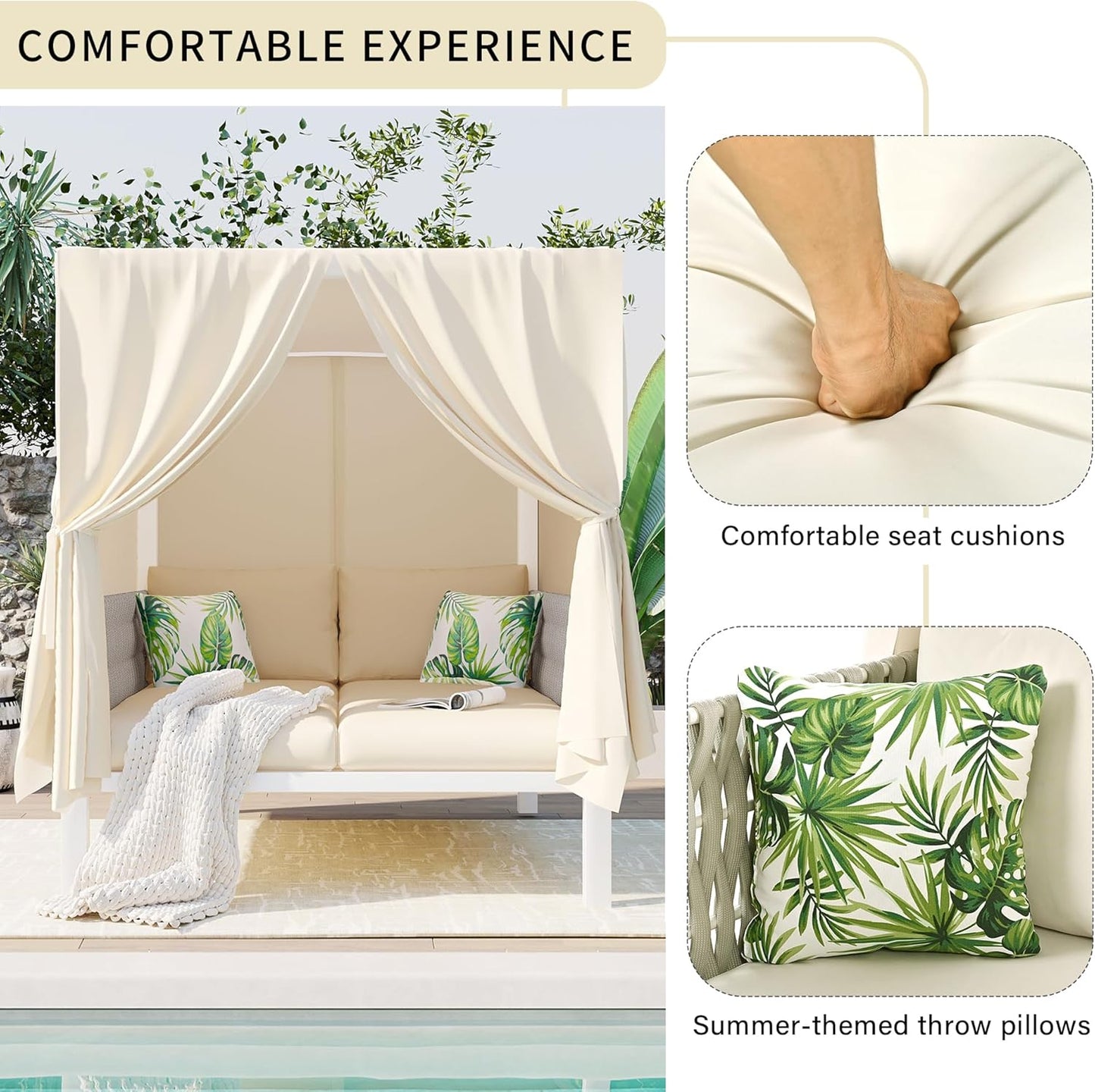 Polibi Outdoor Patio Sunbed with Beige Curtains,Outdoor Sun Lounger Bed with Pillows,Rubber Core Rope Weaving Outdoor Double Chaise Lounge Suitable for Pool,Garden,Beige