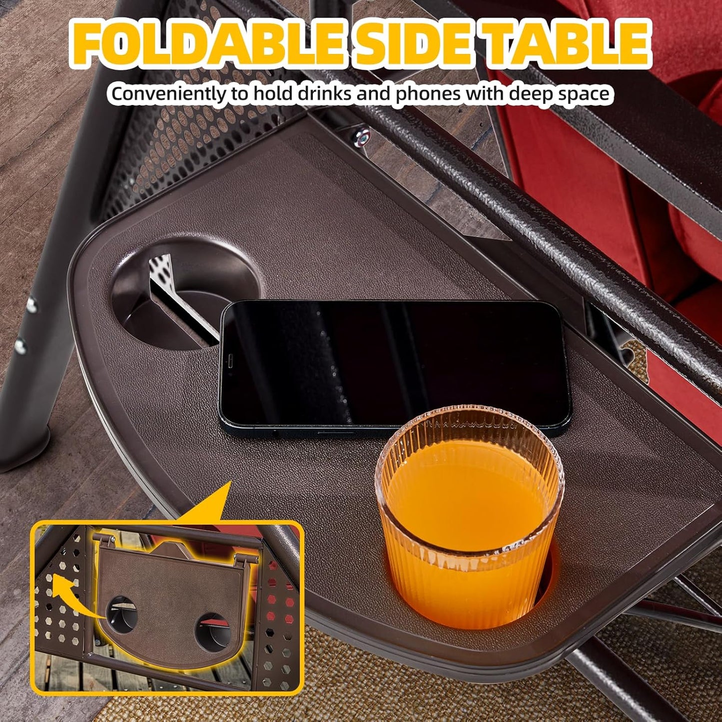 3-seat Patio Swing with Canopy,Convertible Outdoor Swing Bed with Thick Cushions, Pillows & Cup Holders, 3-Seat Outdoor Swings Chair for Backyard, Garden, Deck(Red)