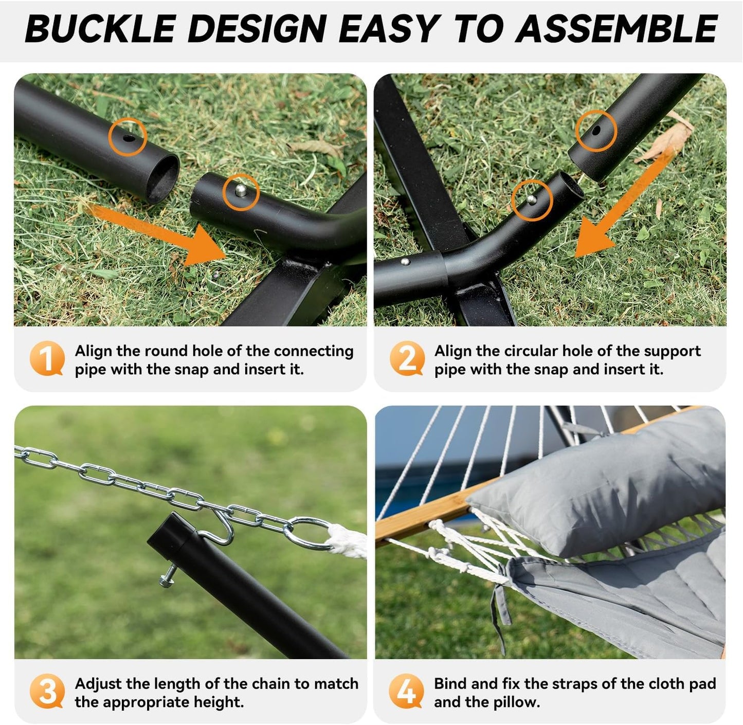 2 Person Outdoor Hammock with Stand, Cotton Rope Hammock with Polyester Pad, Adjustable Steel Frame, Portable with Carrying Bag – for Patio, Backyard, Garden, Beach, Urban-Gray