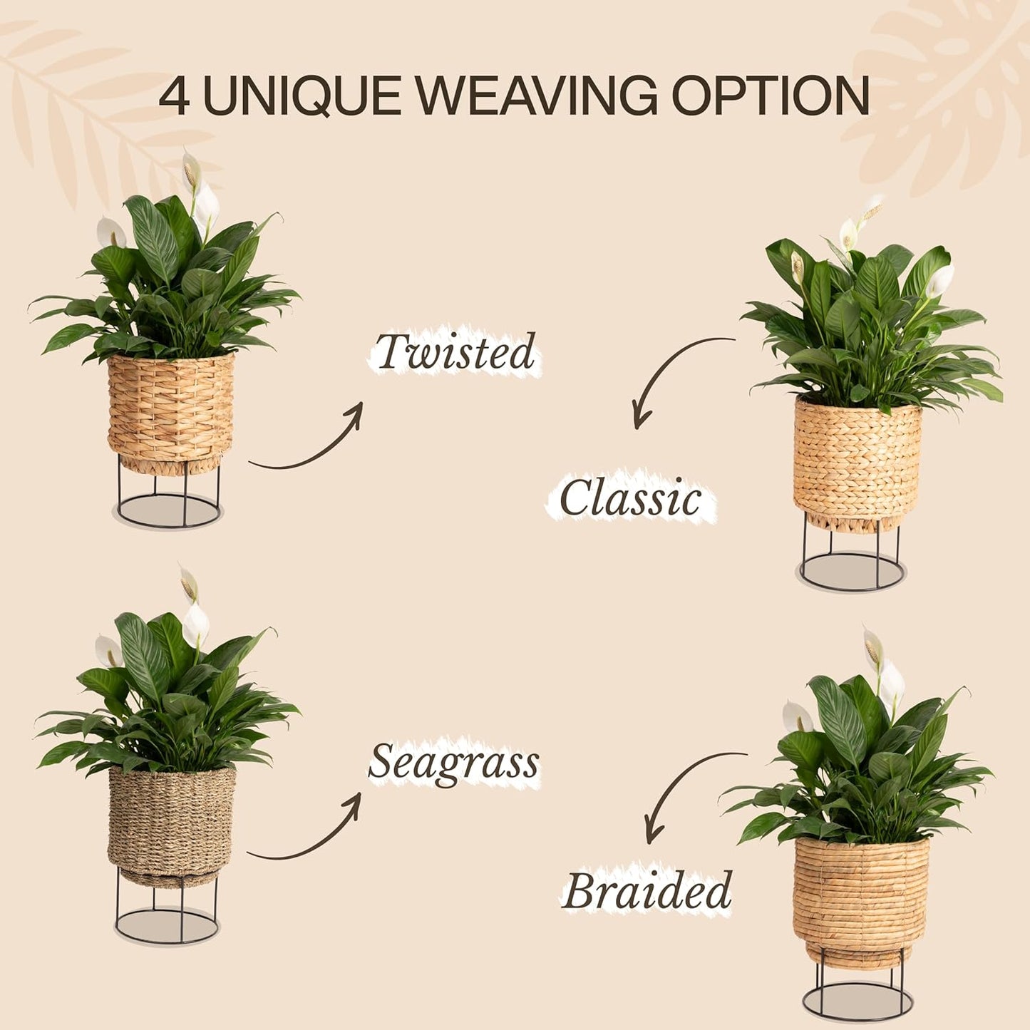 Set of 2 Water Hyacinth Planter Pot with Metal Stand - Indoor Plant, Flower, Succulent, Basket, Decorative Pot Cover (Seagrass)