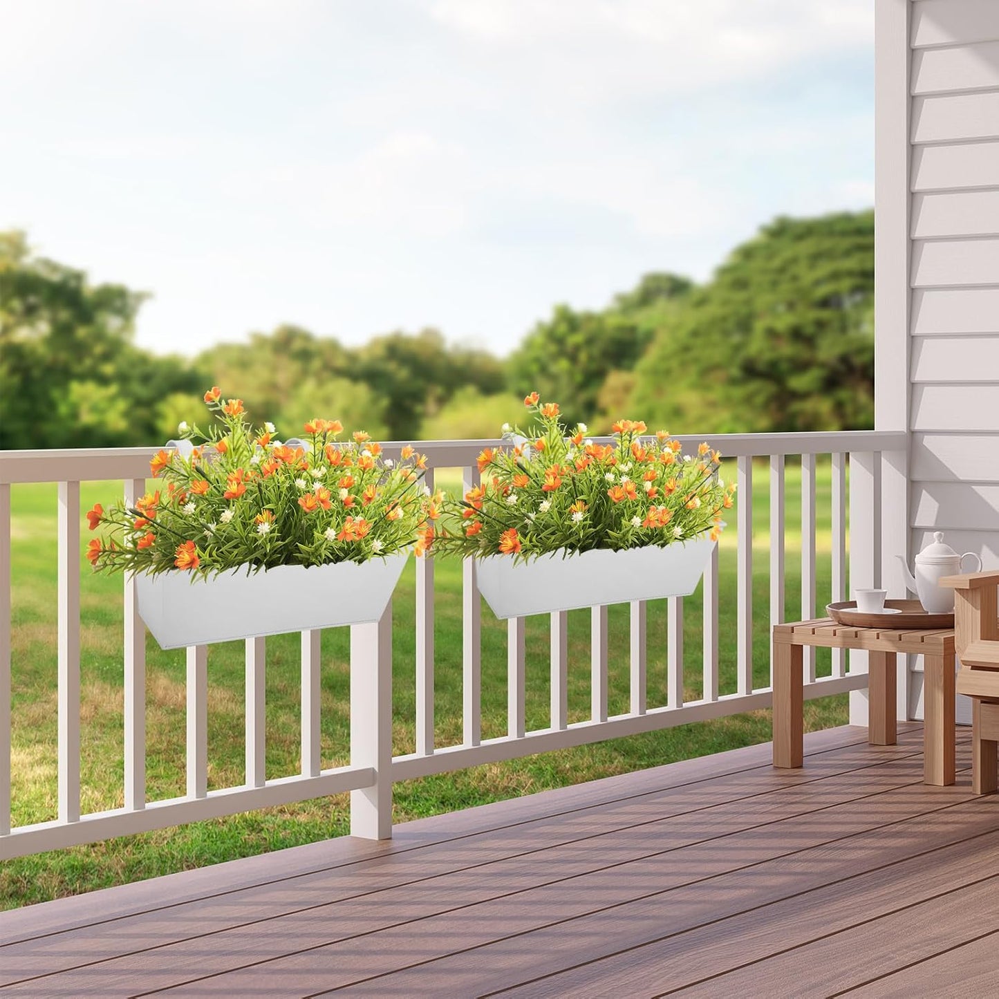 Railing Planters Outdoor Balcony 16 Inch Deck Over The Railing Planter Boxes Hanging Planters for Fence Flower 5 Pcs (White)