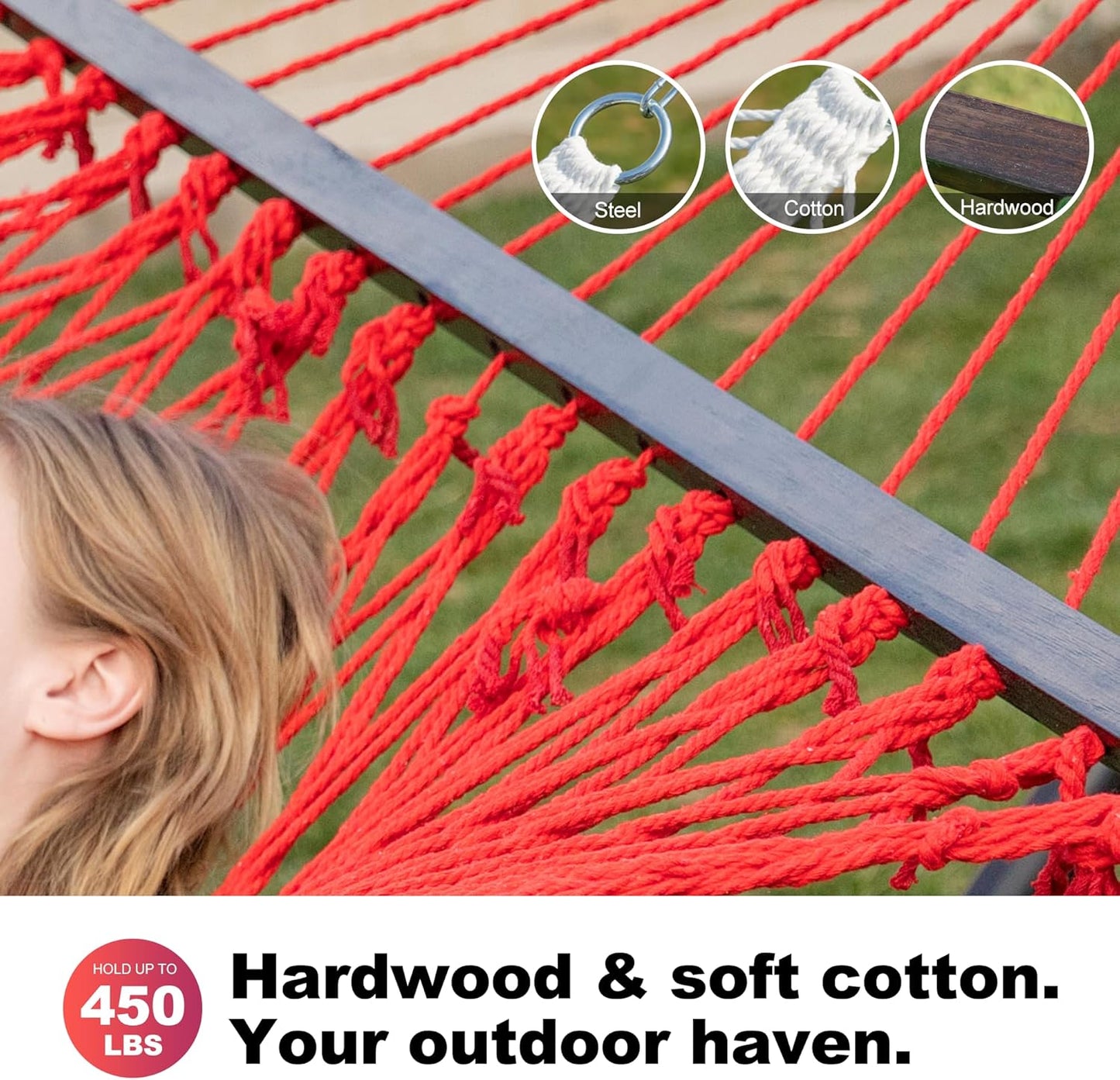 12ft Double Hammocks, Handwoven Traditional Cotton Rope Hammock with Hardwood Spreader Bar, Chains and Hooks for Indoor Outdoor, Max 450 lbs Capacity (Cherry, Full)
