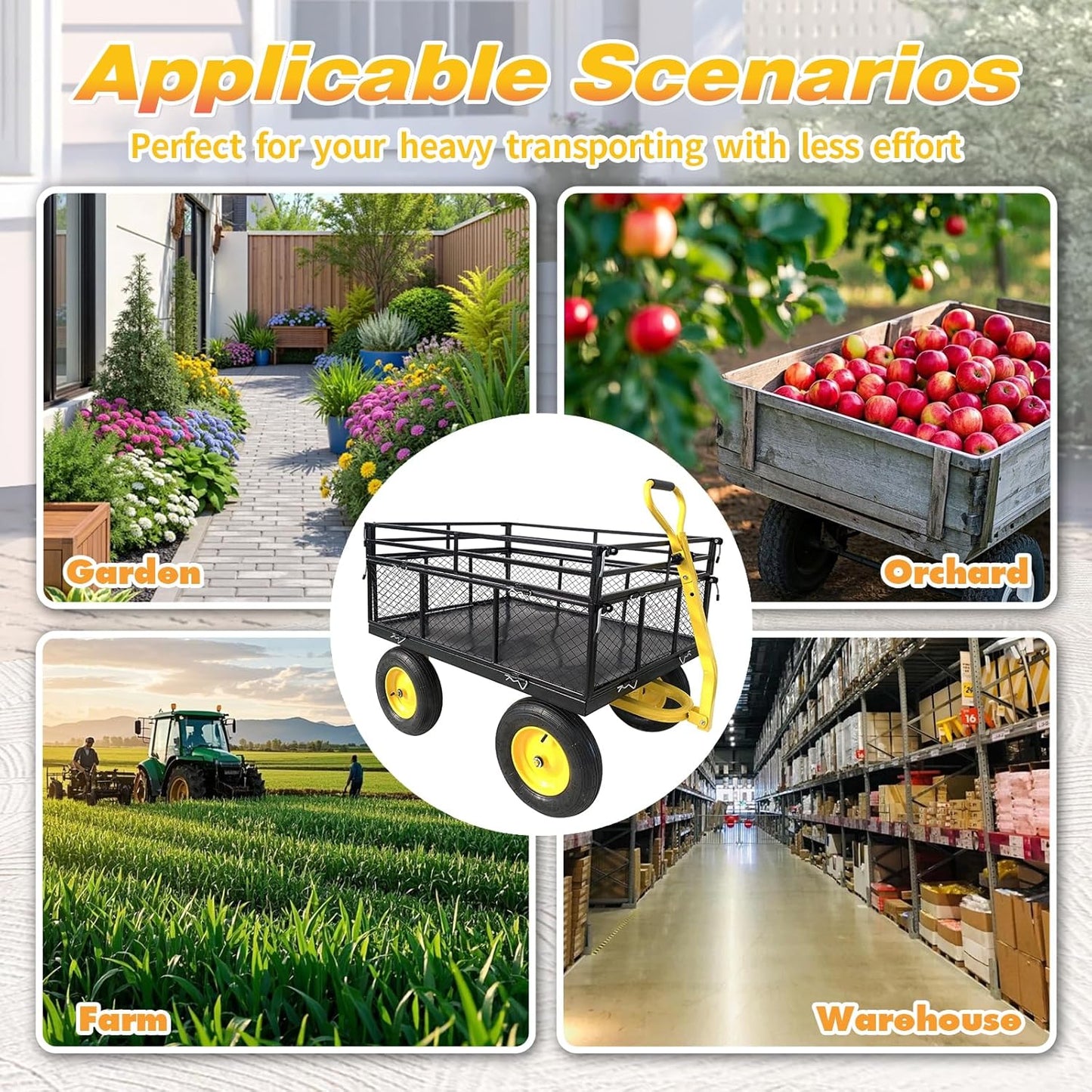 Steel Garden Cart On Wheels, 1400 Lbs Capacity, 2-in-1 Handle and 16 in Tires, Heavy Duty Wagon Cart with Removable Mesh Sides to Convert Into Flatbed