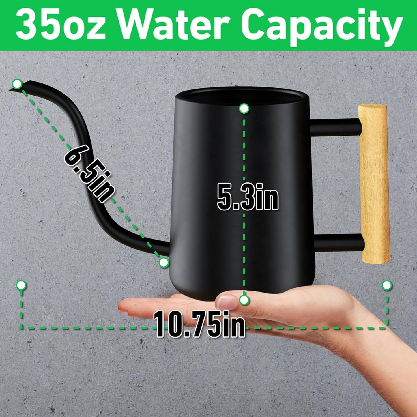 35 Ounce Metal Small Indoor Watering Can with Long Spout & Real Wood Handle for House Plants, Succulents, Cacti & Seedlings - Black Long Spout Watering Can Indoor Plants - Gentle Flow & No Spills