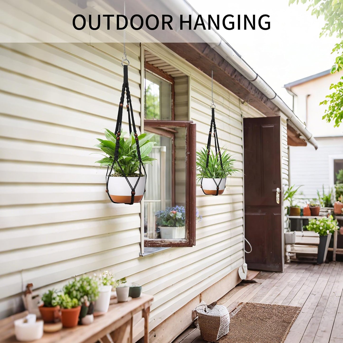 43 Inch Macrame Plant Hanger - Fits 6-15 Inch Pots, Extra Long Hanging Planter Holder for Indoor Outdoor, with Red Wood Beads, Boho Home Decor, 2 Pack, Black (POTS NOT Included)