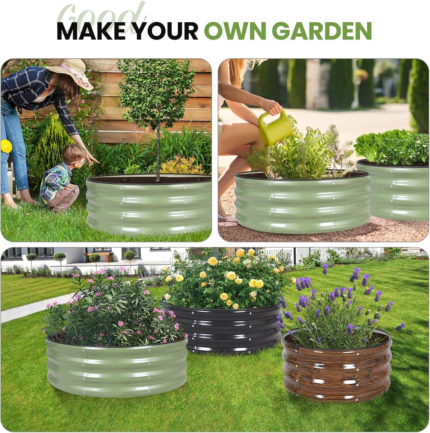 G GOOD GAIN Round Raised Garden Bed - 2Pcs 3x3x1ft Galvanized Steel Planter Boxes Outdoor with Rubber Edge Trim | Metal Raised Beds for Gardening Vegetables Flowers Fruits Herbs (Olive Green)