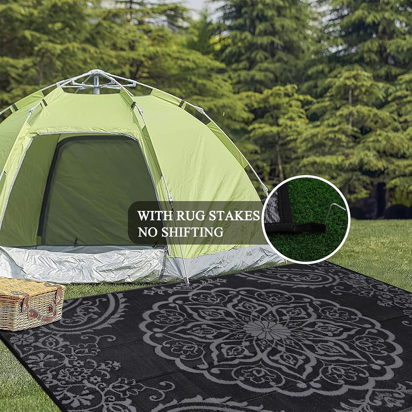 Pauwer Waterproof Outdoor Rug 6x9, Reversible Plastic Straw Patio Camping Rug, Indoor Outdoor RV Mat Carpet for Deck, Camper, Porch, Balcony, Backyard, Picnic, Boho Black Grey