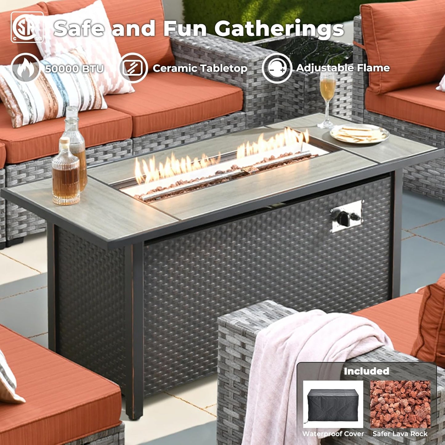 ovios 10 Pieces Patio Furniture Set, Outdoor Wicker Sectional Sofa with 54" Fire Pit Table Swivel Chairs, Modern Modular Deep Seat Rattan Couch Conversation Sets, Orange Red