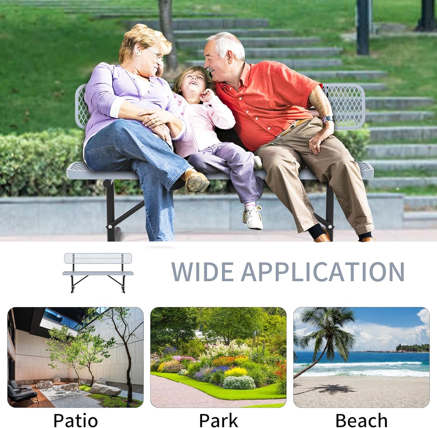 6 Feet Heavy Duty Metal Park Bench for Outside, Outdoor Bench with Backrest & Portable Frame, Commercial Benches for Shopping Malls, Stores, Parks, Patios, Decks, Grey