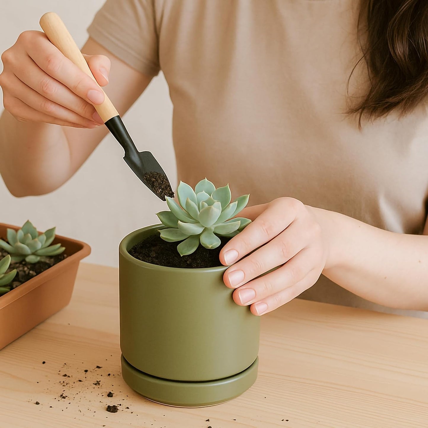 D'vine Dev 3.5 Inch Ceramic Planter Pot with Drainage Hole and Saucer, Indoor Cylinder Round Planter Pot, Olive, 94-O-A-J