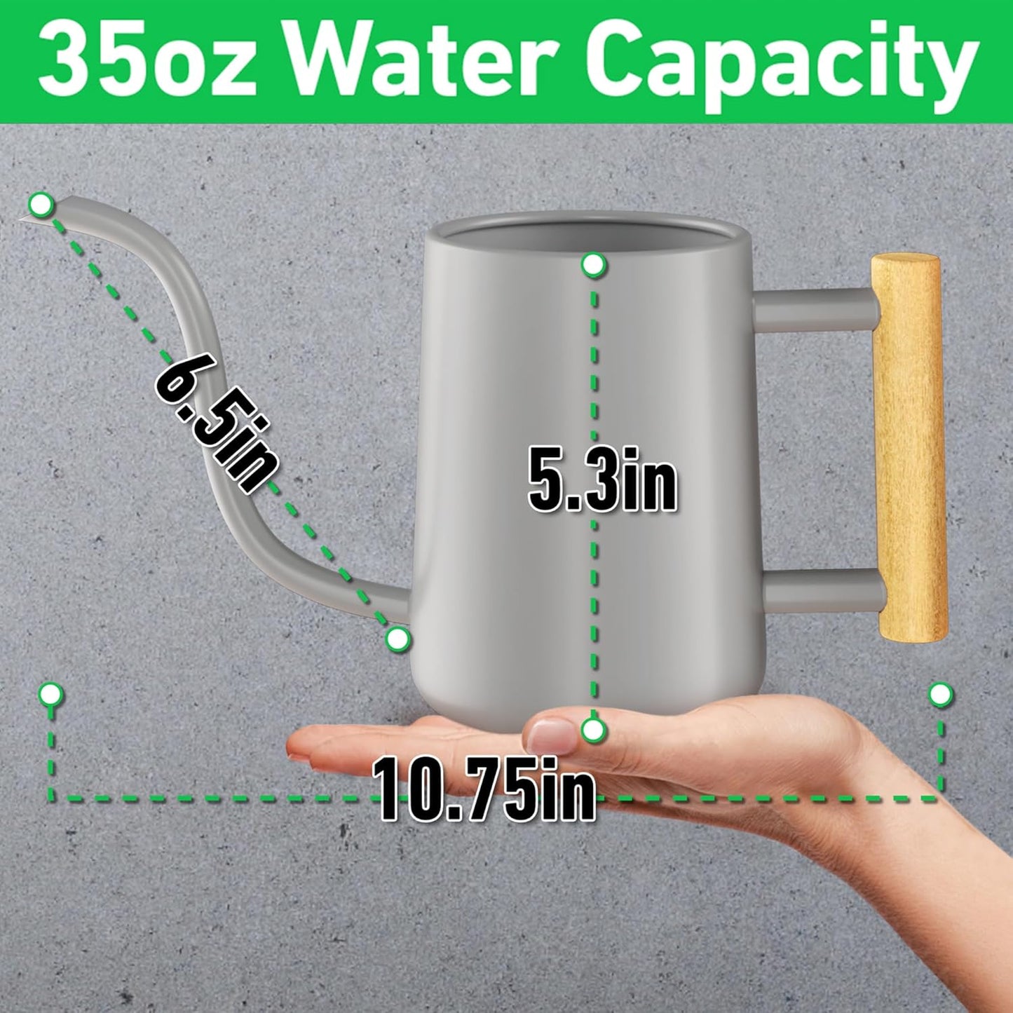 35 oz Metal Small Indoor Watering Can with Long Spout & Real Wood Handle for House Plants, Succulents, Cacti & Seedlings - Gray Long Spout Watering Can Indoor Plants - Stylish, Gentle Flow, No Spills