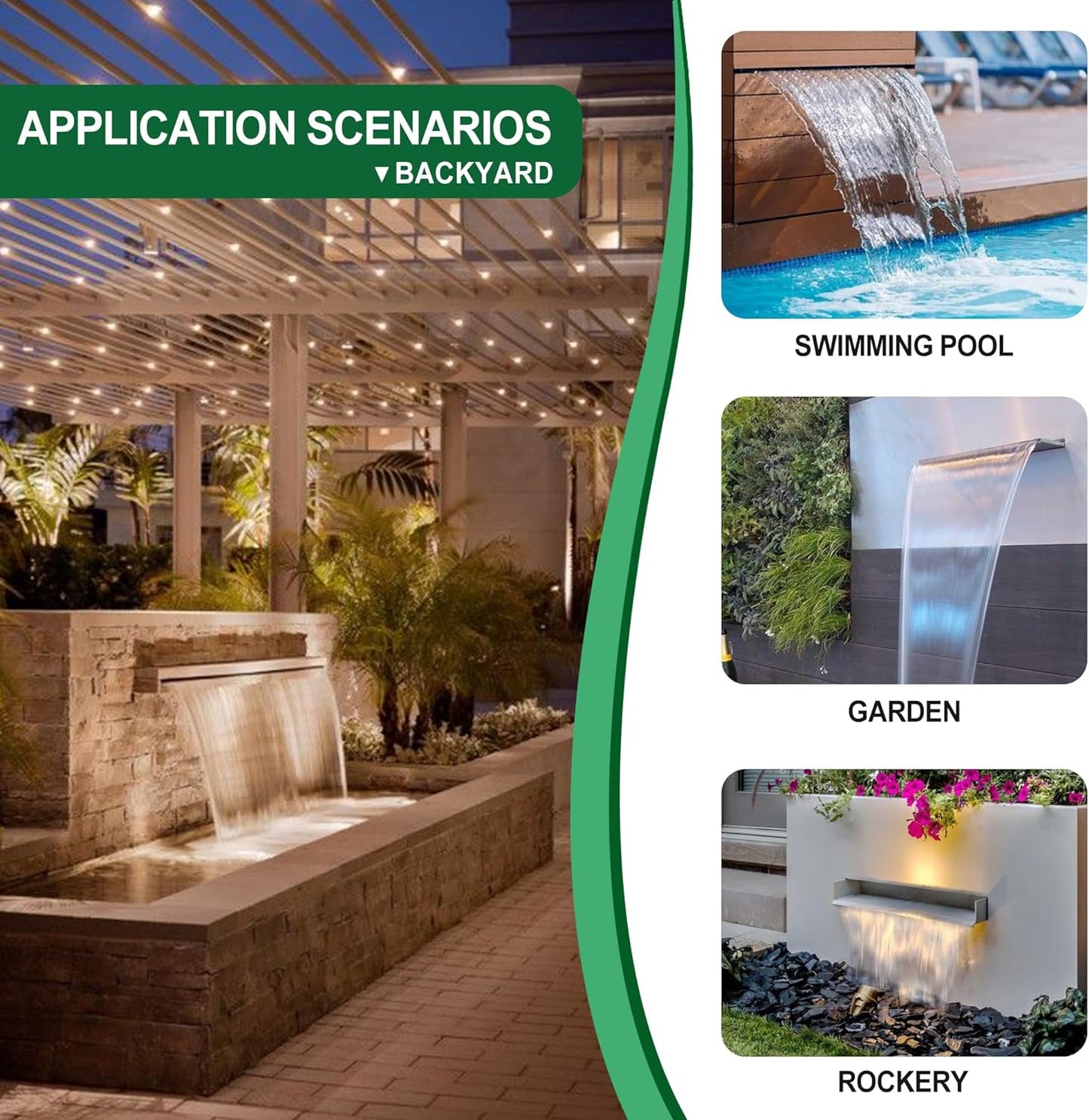 Waterfall Pool Fountain LONGRUNNEW 304 Stainless Steel 23.6" Rectangular Waterfall Spillway, Water Fall Fountain with Pipe Connector for Garden Outdoor, Swimming Pools, Fountains, Pond and Spa