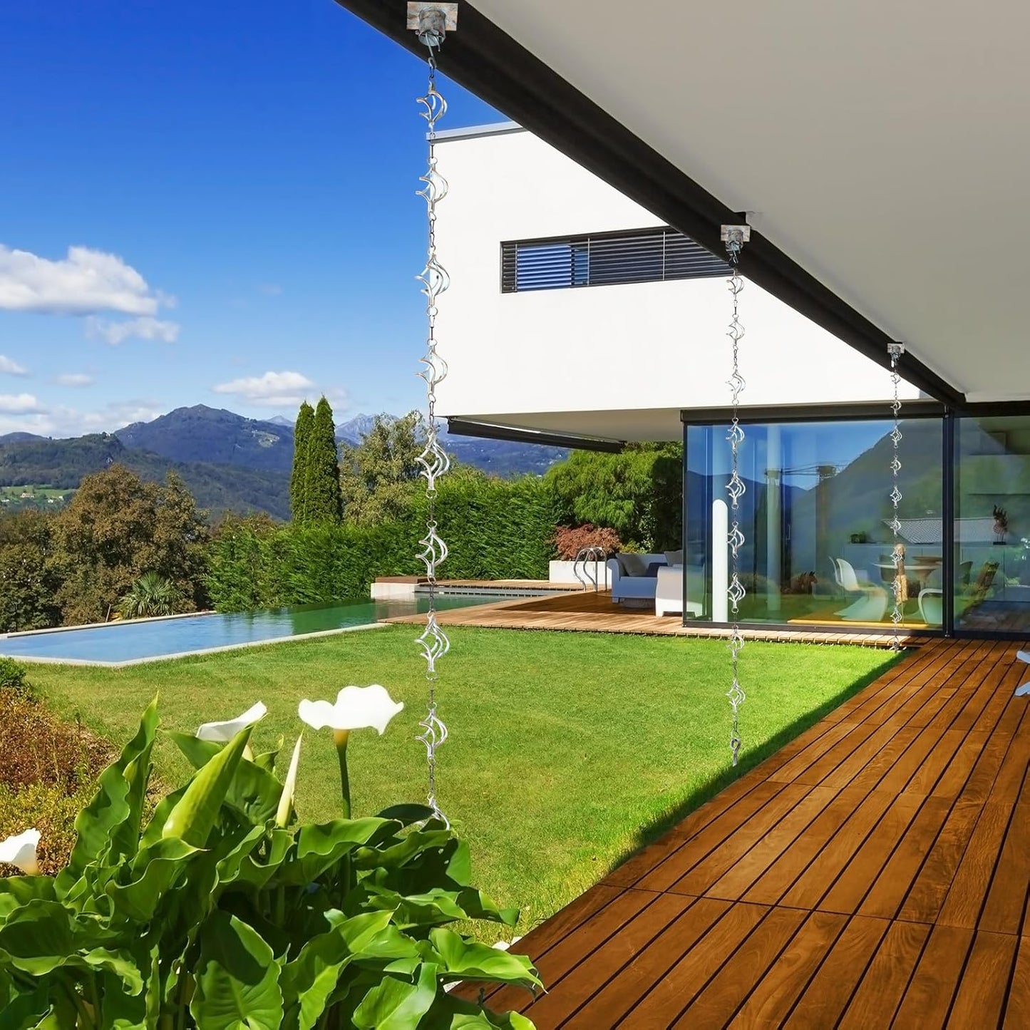 Rain Chain Bird Cage Set 8.5Ft, Not Rust Wrought Iron Rain Chains for Gutters with Adapter Gotta Drain and Sturdy Anchoring Stake,13 Birdcage, 1 Hook, Adjustable Length for Garden (Cyan)