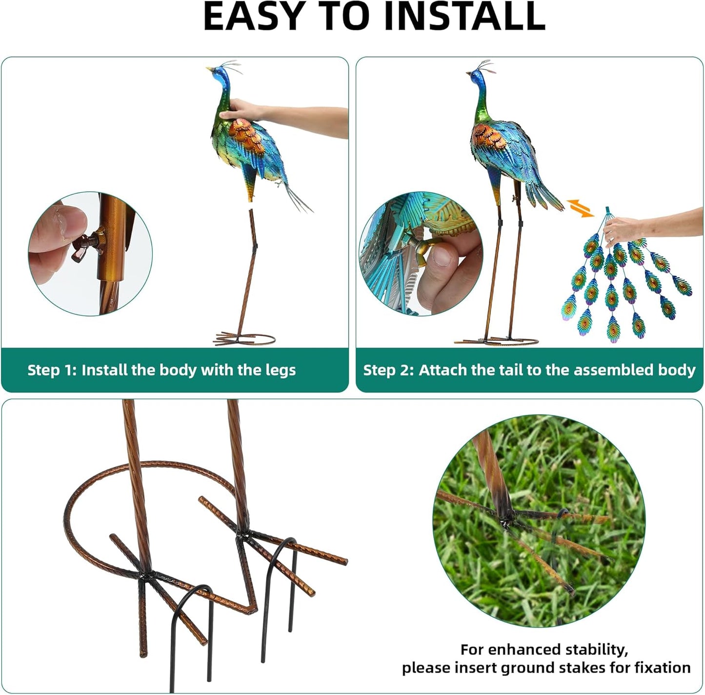 32" Metal Peacock Yard Decor - Handmade Oversize Peacock Sculptures with Stable Ground Stakes, Backyard Decoration, Metal Garden Art.