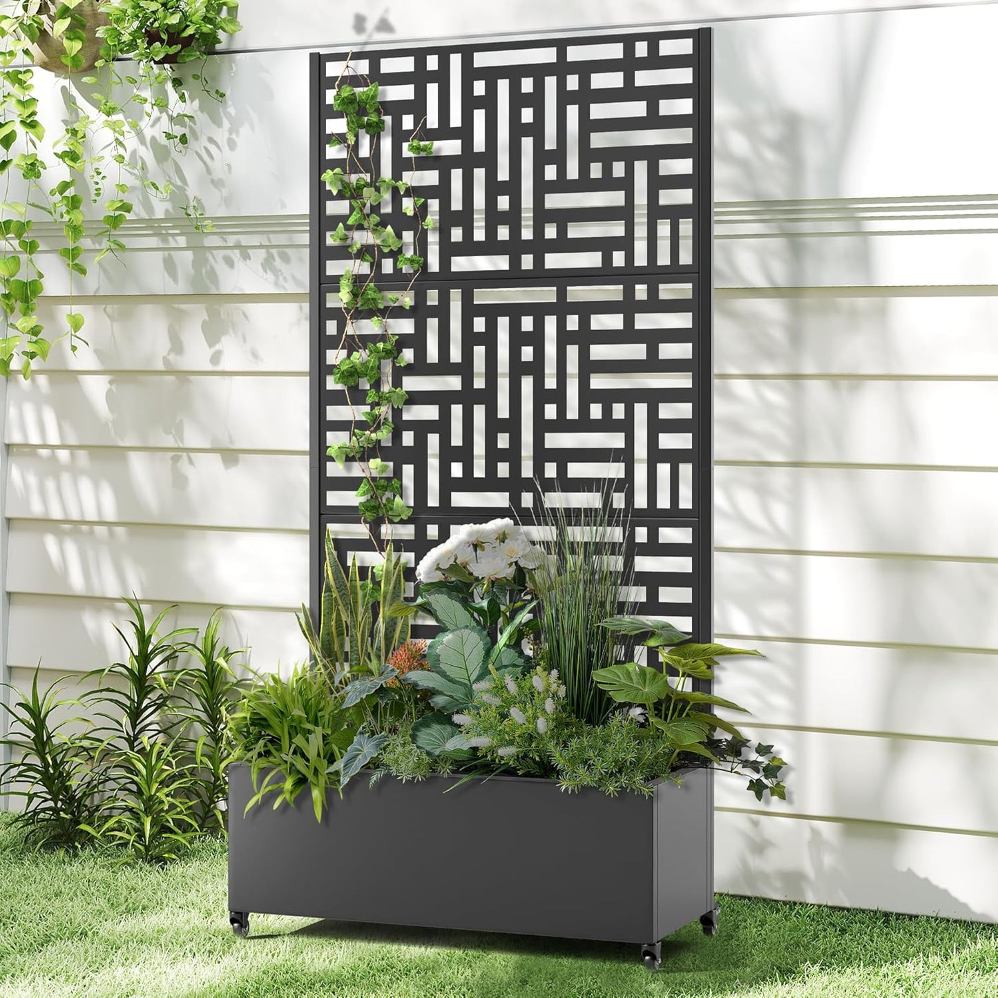 Raised Garden Bed with Trellis and Wheels,73"x35"x16" Metal Raised Garden Bed,Black Modern Metal Planter with Climbing Trellis for Vines & Vegetables