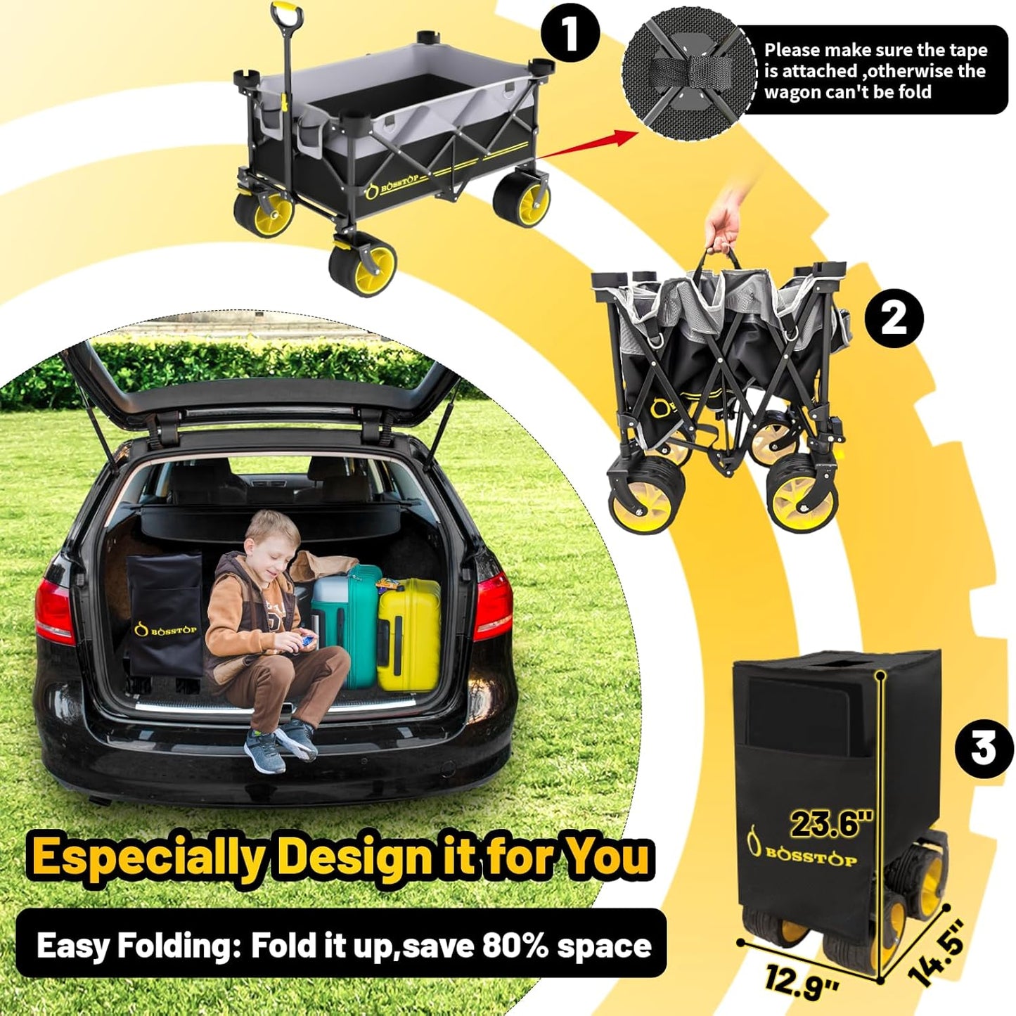 Collapsible Extended Wagon with Big All-Terrain Wheels 350LB& Oversized Outdoor Heavy Duty Utility Garden Cart Foldable Large Beach Wagon for Sand Fishing Camping Portable Grocery Pull Cart