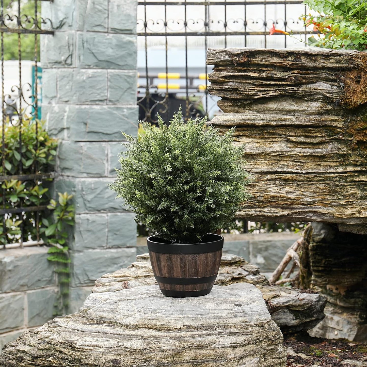 21” Artificial Cedar Outdoor Artificial Shrub Sunlight Resistant Leafy Potted Plant for Indoor Porch of Home and Office Artificial Outdoor Tree 2 Pieces a Set Topiary Trees