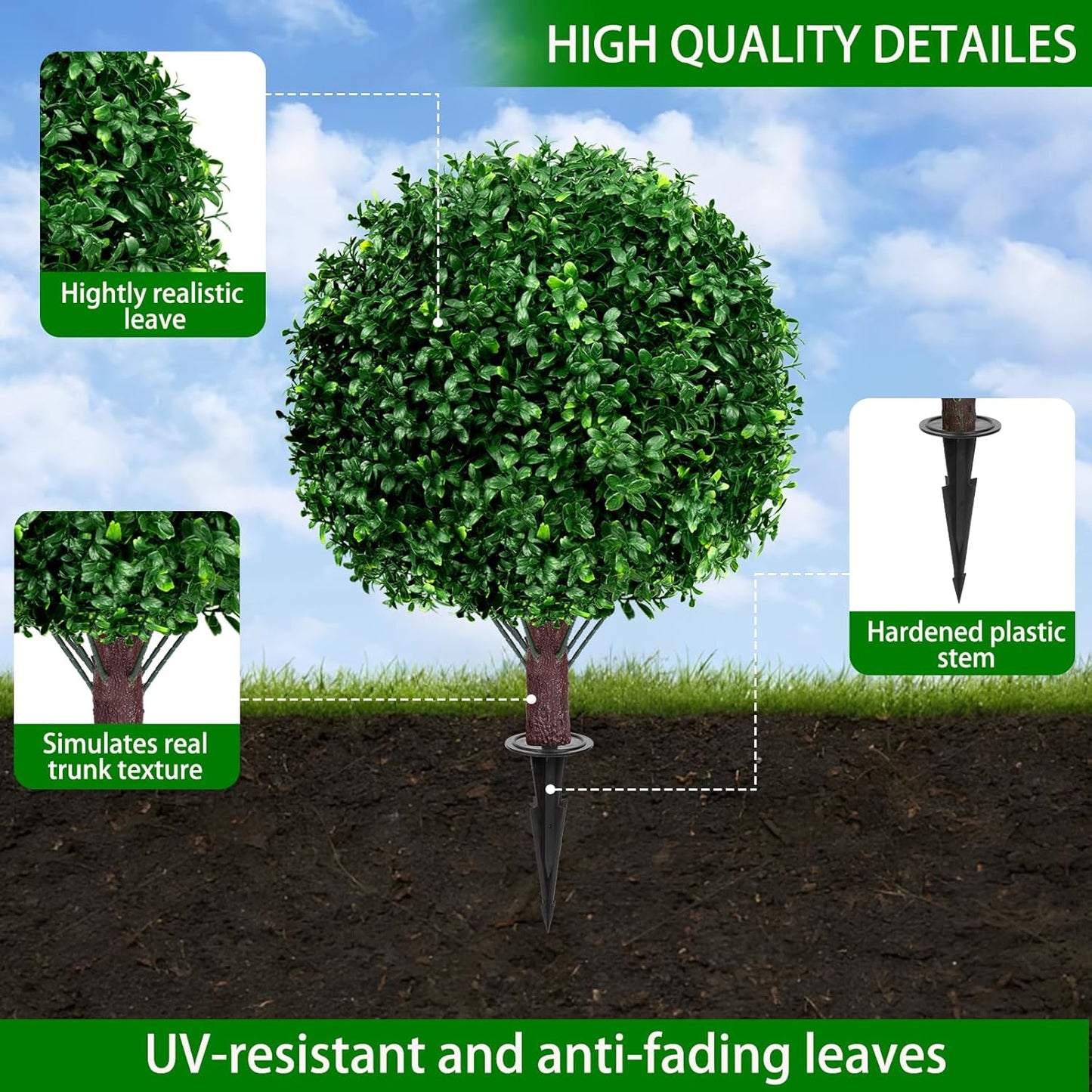 Artificial Boxwood Topiary Ball Tree Set of 2, UV Resistant Artificial Outdoor Shrubs with Spike, Decorative Evergreen Fake Topiary Bushes Plant for Front Porch Garden