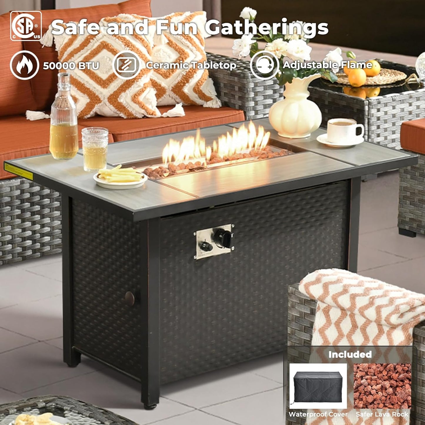 ovios 7 Pieces Patio Furniture Set, Outdoor Wicker Sectional Sofa with 42 Inch Fire Pit Table Comfy Cushions, Modern Modular Deep Seat Rattan Couch Conversation Set, Orange Red