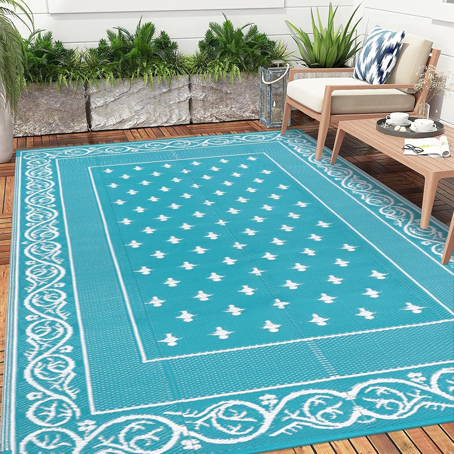 Pauwer Waterproof Outdoor Rug 8x10, Reversible Plastic Straw Patio Camping Rug, Indoor Outdoor RV Mat Carpet for Deck, Camper, Porch, Balcony, Backyard, Picnic, Bordered Teal
