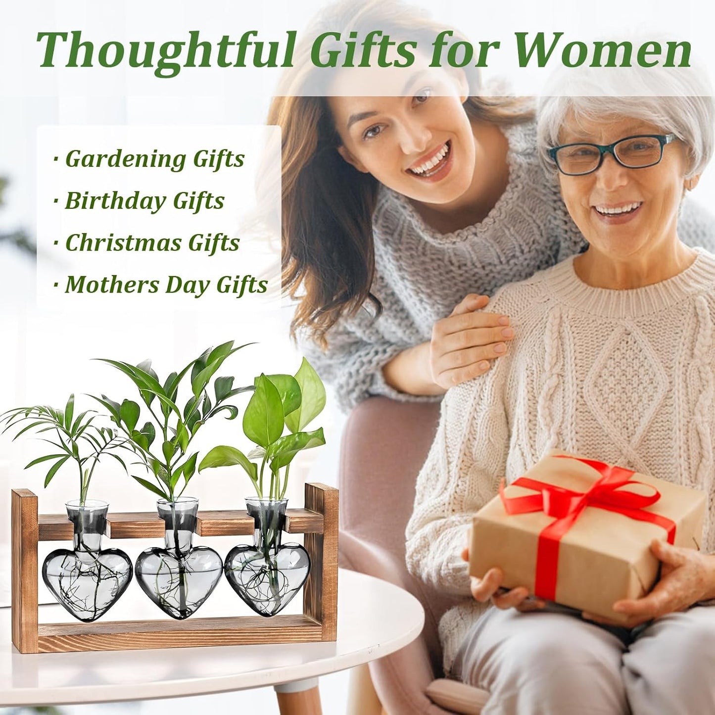 Lifecapido Heart Shaped Propagation Stations, Plant Terrarium with Wooden Stand, Plant Propagation Station for Hydroponics Plants Office Garden Home Decor, Gifts for Women Plant Lover (3 Vases, Gray)